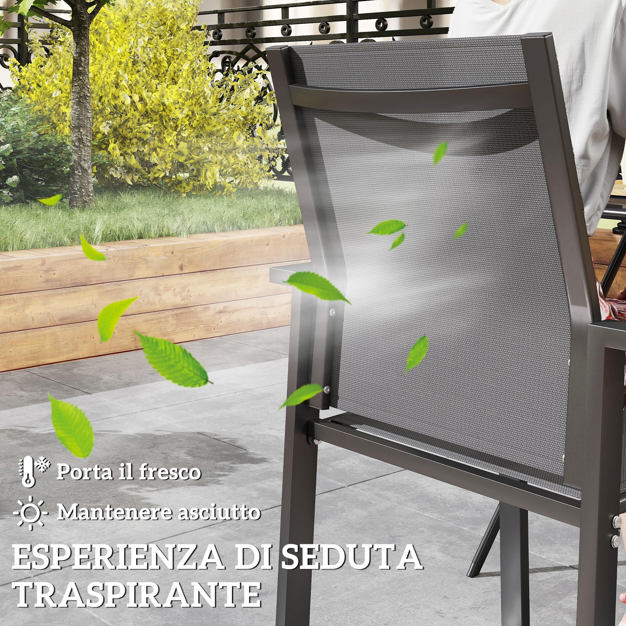 Outsunny Set 2 Sedie da Giardino Impilabili con Braccioli, Sedie per Pranzo da Esterno in Alluminio e Texteline Impermeabile, da Patio, Balcone, Terrazza, Esterno e Interno, 56x58x89cm, Grigio Carbone