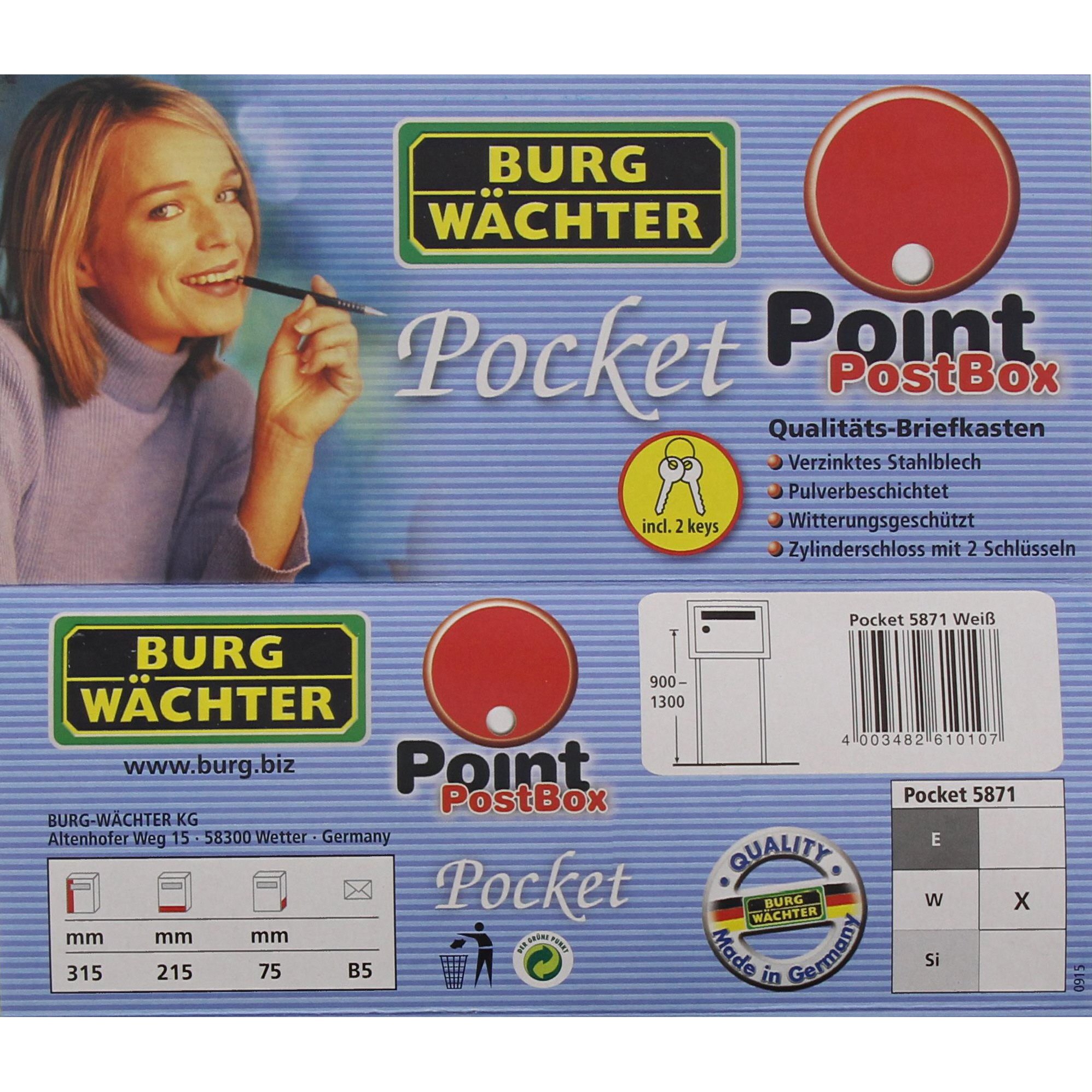 Burg-Wächter Pocket 5871 W, skrzynka na listy w formacie A5, ocynkowana stal, kolor biały