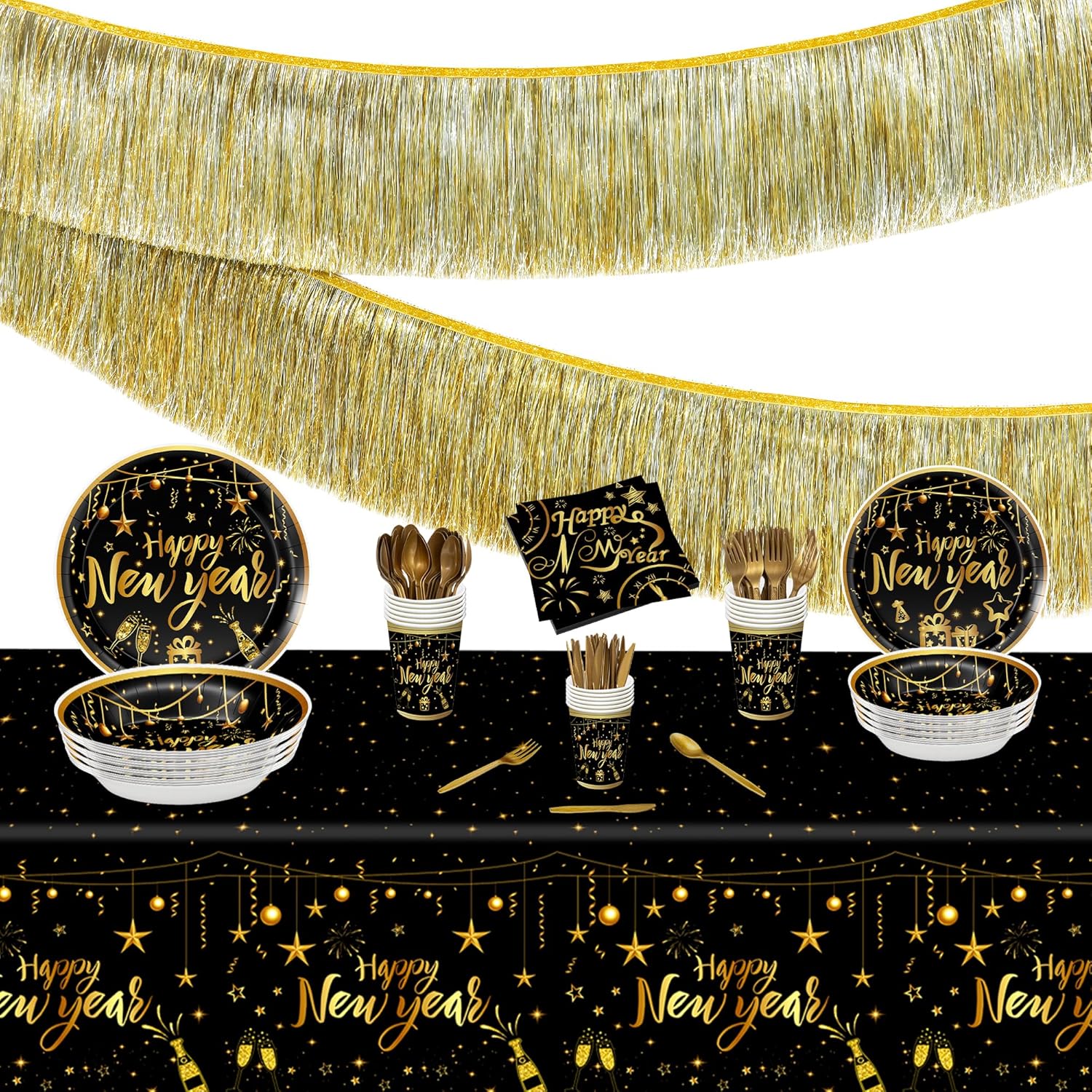 KatchOn, New Years Eve Tableware Set - Pack of 178, Serves 25 | New Years Plates, Napkins and Cups with Happy New Year Tablecloth | Gold Fringe Banner Garland for New Years Eve Party Supplies 2025