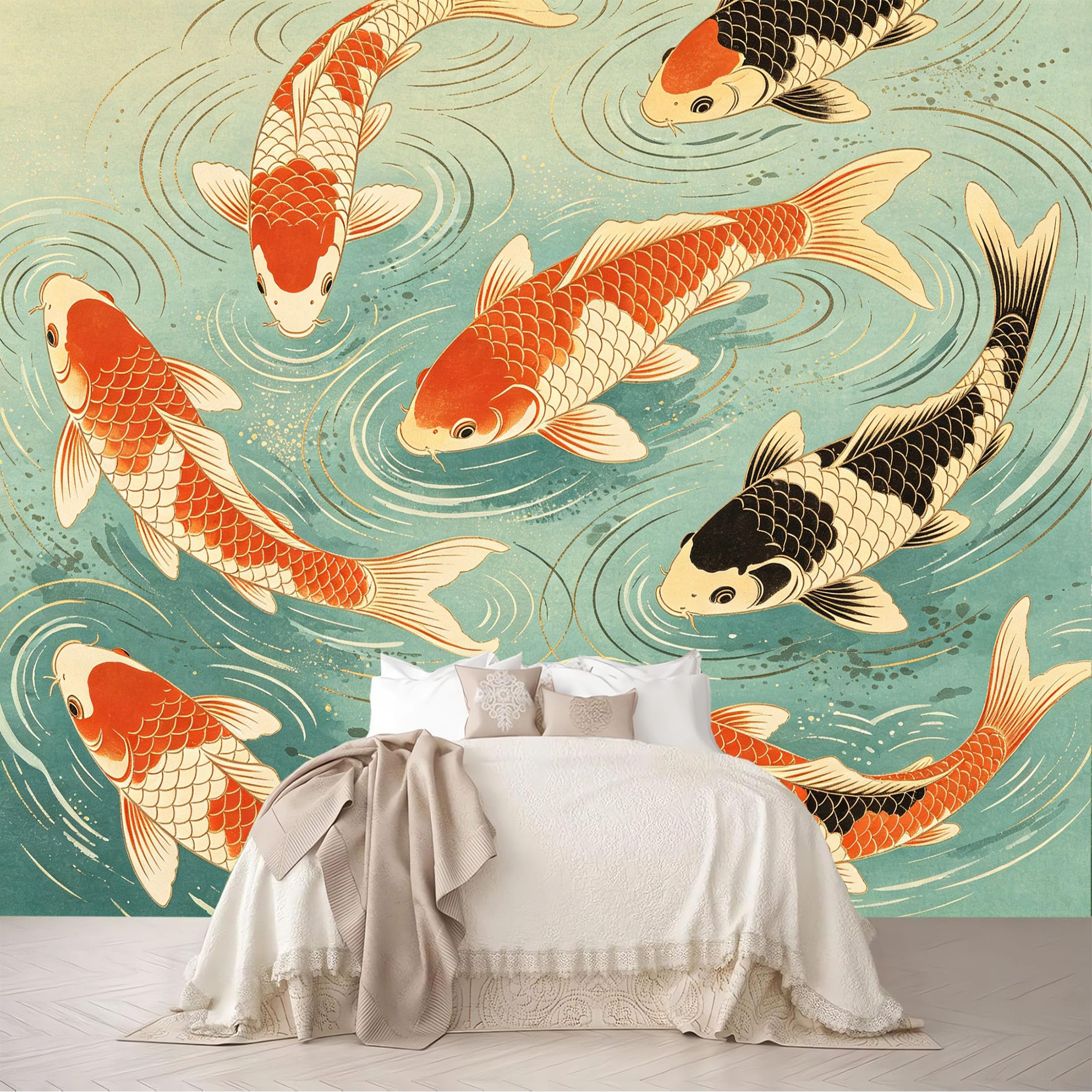 Dskjoviality Ab260706025 Custom Size Wall Mural Ukiyo-E Colorful Koi Fish Pond Wave Removable Self Adhesive Peel And Stick Wallpaper For Bedroom Living Room Dining Room