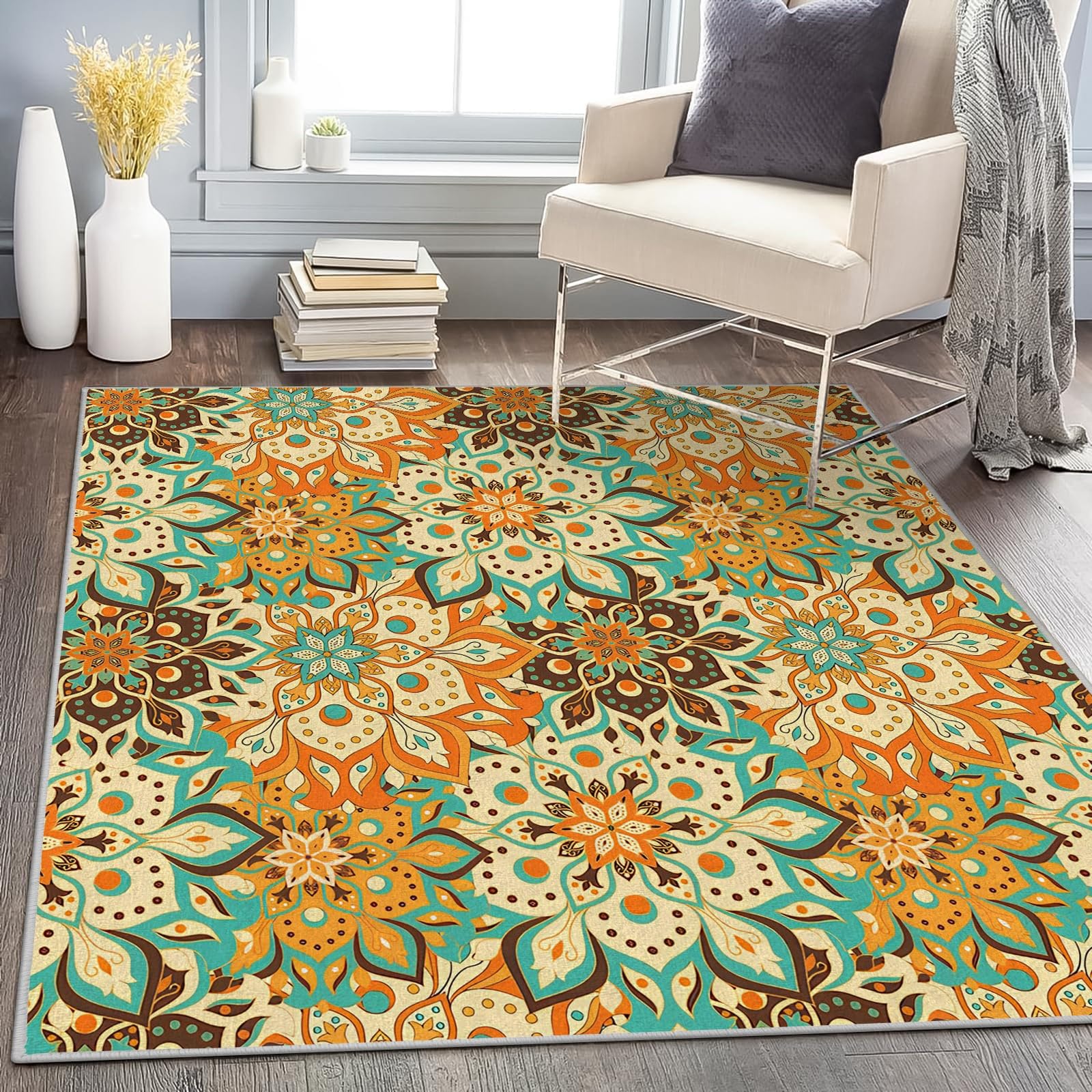 Teppich Quadratisch 160x160 Böhmische Blumen Teppich Kurzflor Waschbar in Waschmaschine Teppich Gegend rutschfest Dünn Saugfähig für