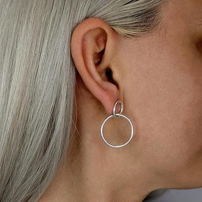 Silverly Sterling Silver Interlocking Circle Dangle Earrings - Elegant 925 Silver Double Hoop Earrings for Women - Classic Modern Geometric Jewelry - Mother's Day Gift - Linked Open Circle Design
