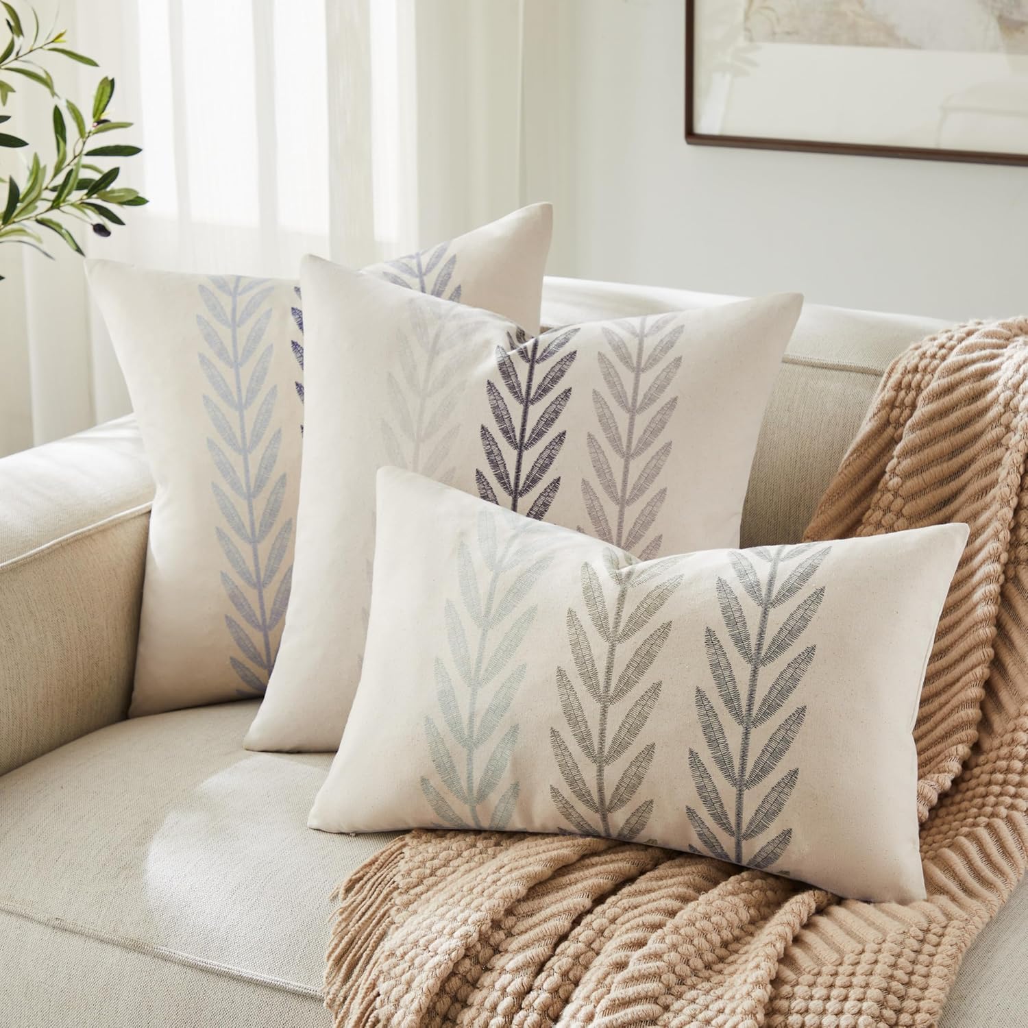 100% Cotton Farmhouse Leaves Throw Pillow Covers Set of 2, 20x20 Inch Mixed Grey Pastoral Decorative Print Cushion Covers for Sofa Bed Living Room Home Decor