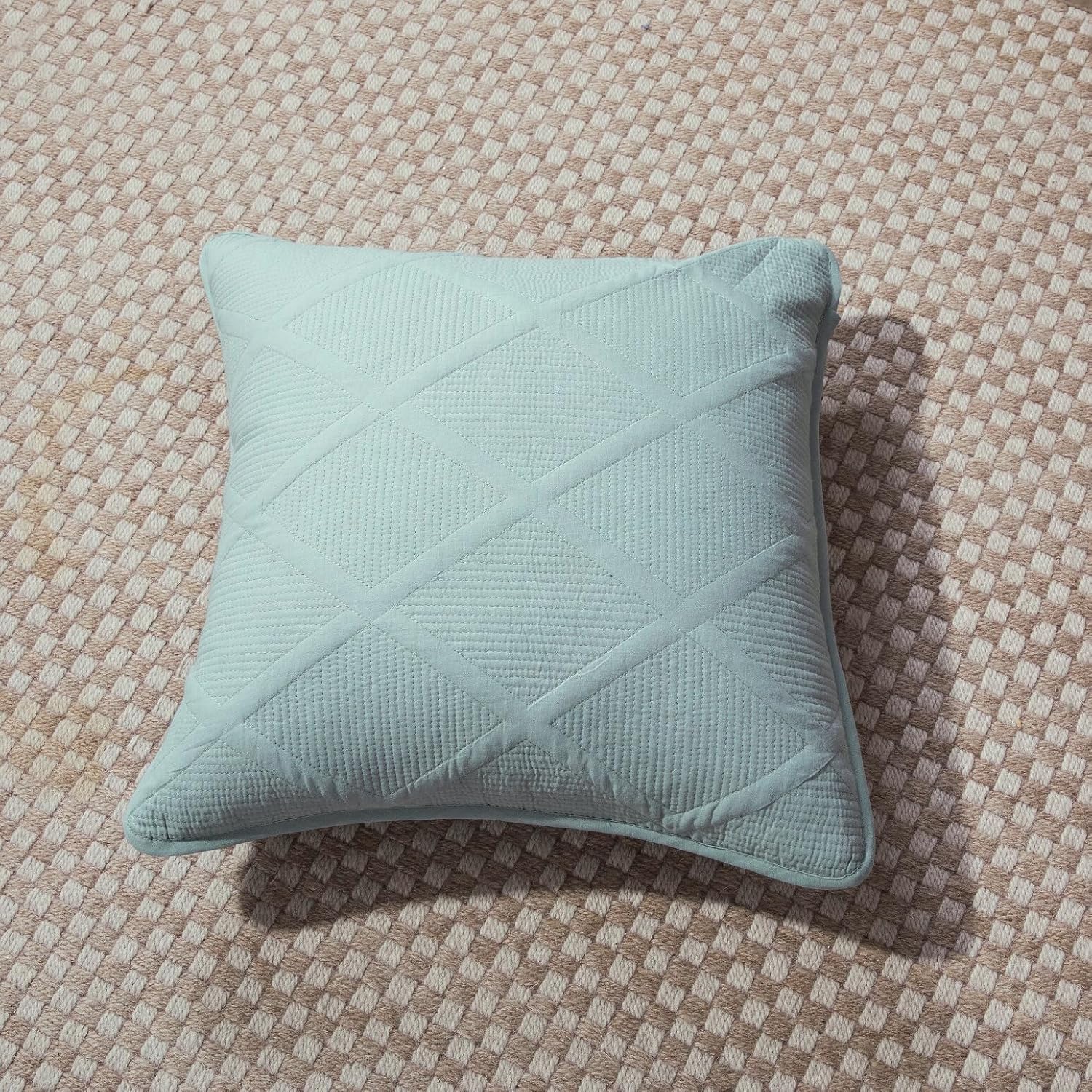 Tache Solid Seafoam Blue Green Soothing Pastel Soft Cotton Geometric Diamond Stitch Pattern Cushion Throw Pillow Covers 2 Piece Set, 18 x 18