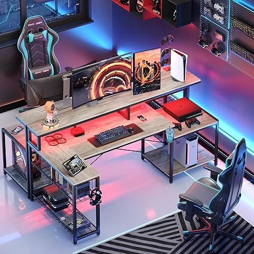 Miniatura 9 de Bestier Escritorio para computadora de 71.5 pulgadas con tomas de corriente, escritorio LED de oficina en casa con soporte largo para monitor,