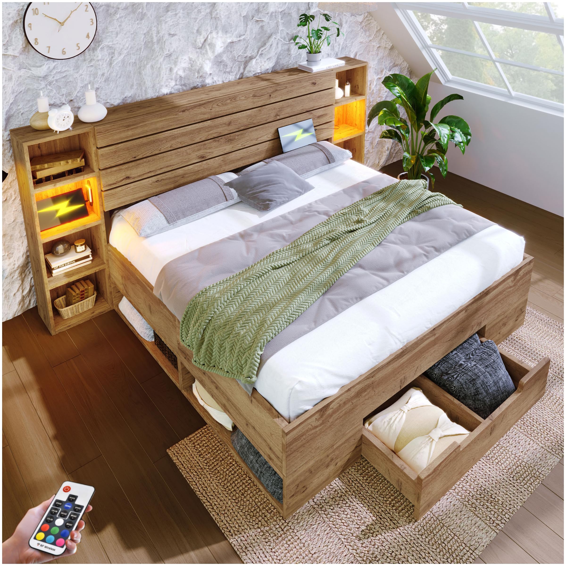 Lubvtti Cama Acolchada 160 × 200 cm con iluminación LED y USB & Type-C cabecera y cajones,Cama Matrimonio con contenedor,Cama Doble,Estructura Cama 160 x 200 cm con somier de láminas,Natural