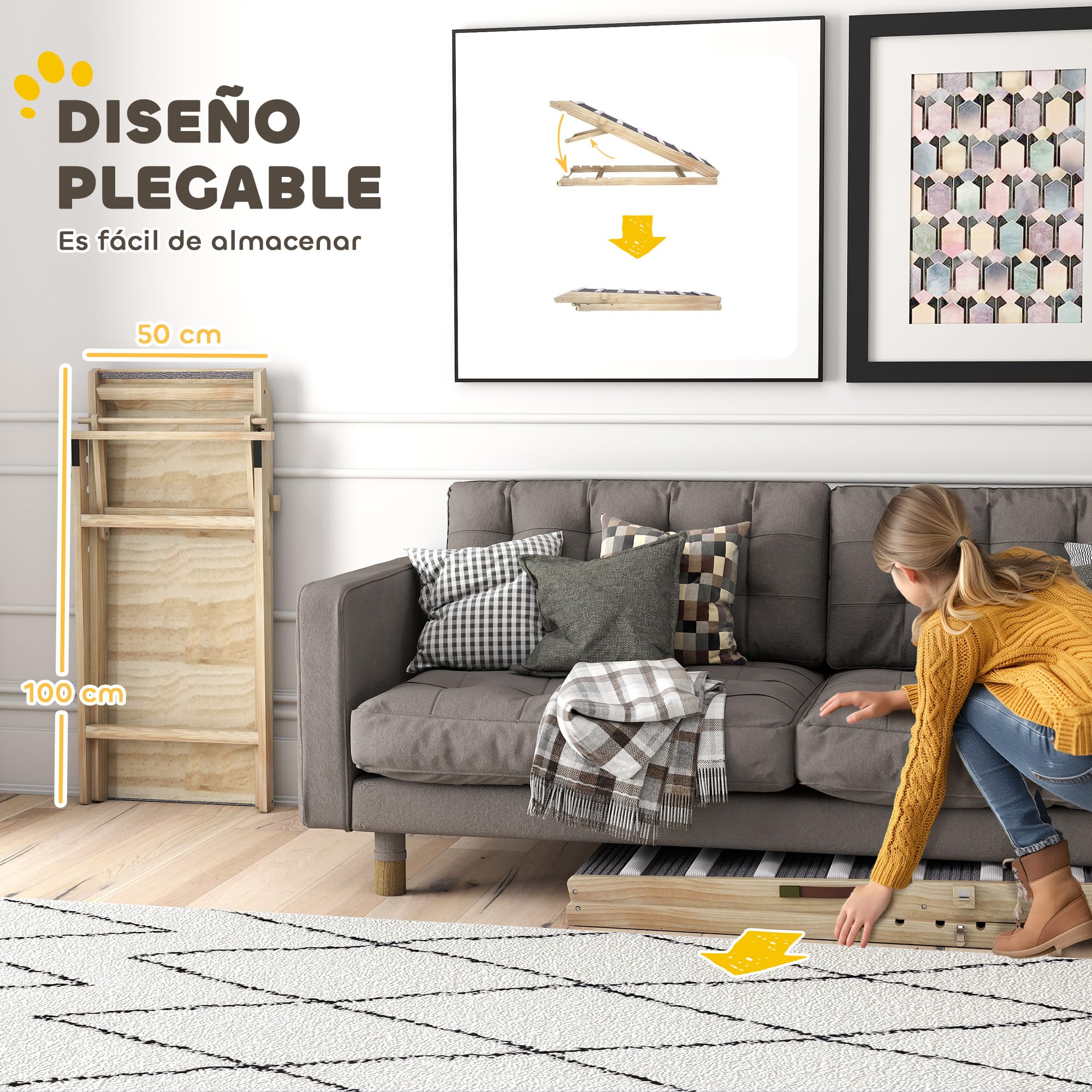 PawHut Rampa para Perros Plegable y Altura Ajustable 35-50 cm, Rampa para Mascotas de Madera con Alfombrilla Antideslizante y Asa, para Perros Pequeños Medianos y Grandes, para Cama Sofá, 100x50x50 cm
