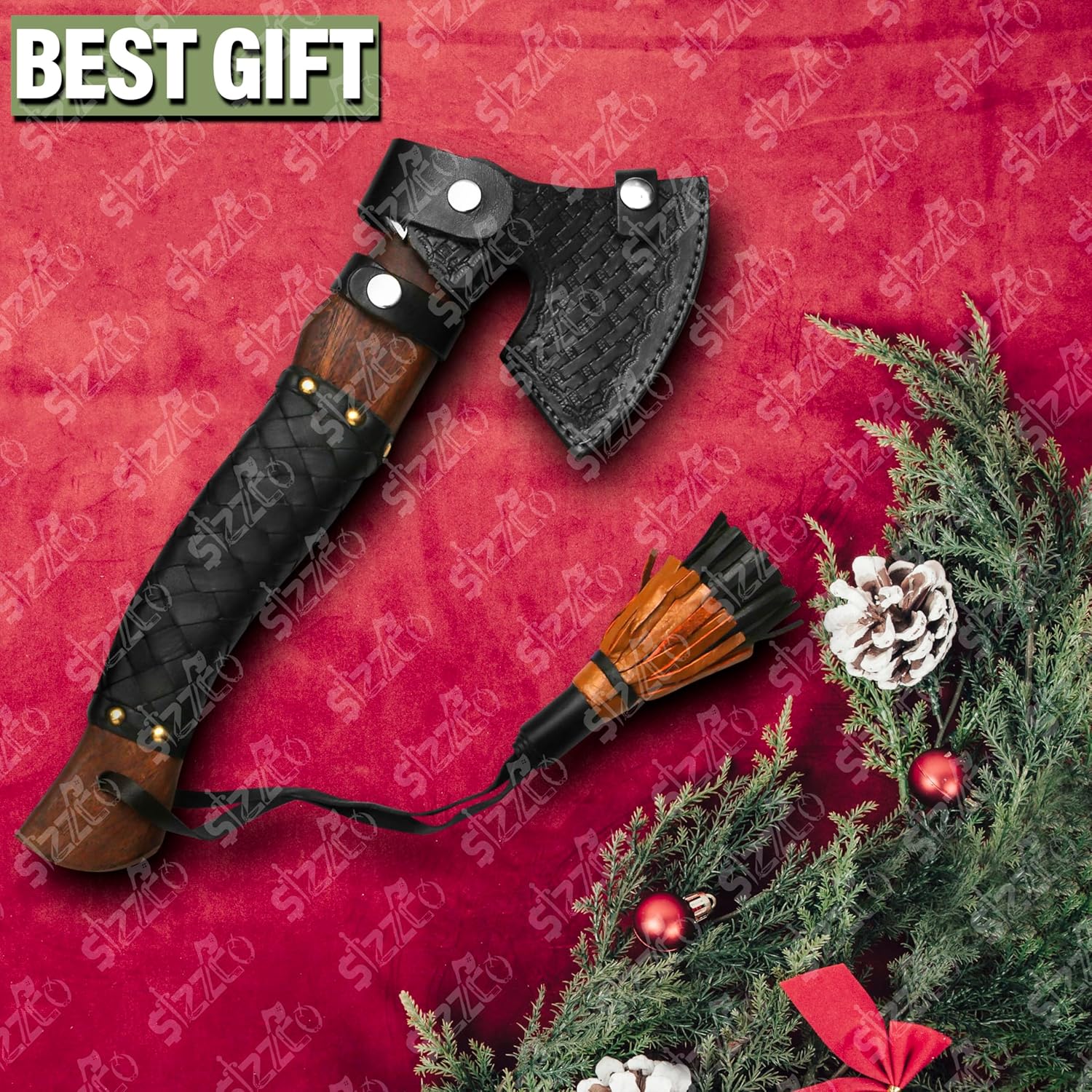 Russian Valknut Wood Viking Style Bearded Axe Tomahawk - Real Hatchet, Best Gift for Anniversary, Valentine's Day, Birthday, Premium Leather Sheath with Leather Wrap Handle Perfect Hand Grip