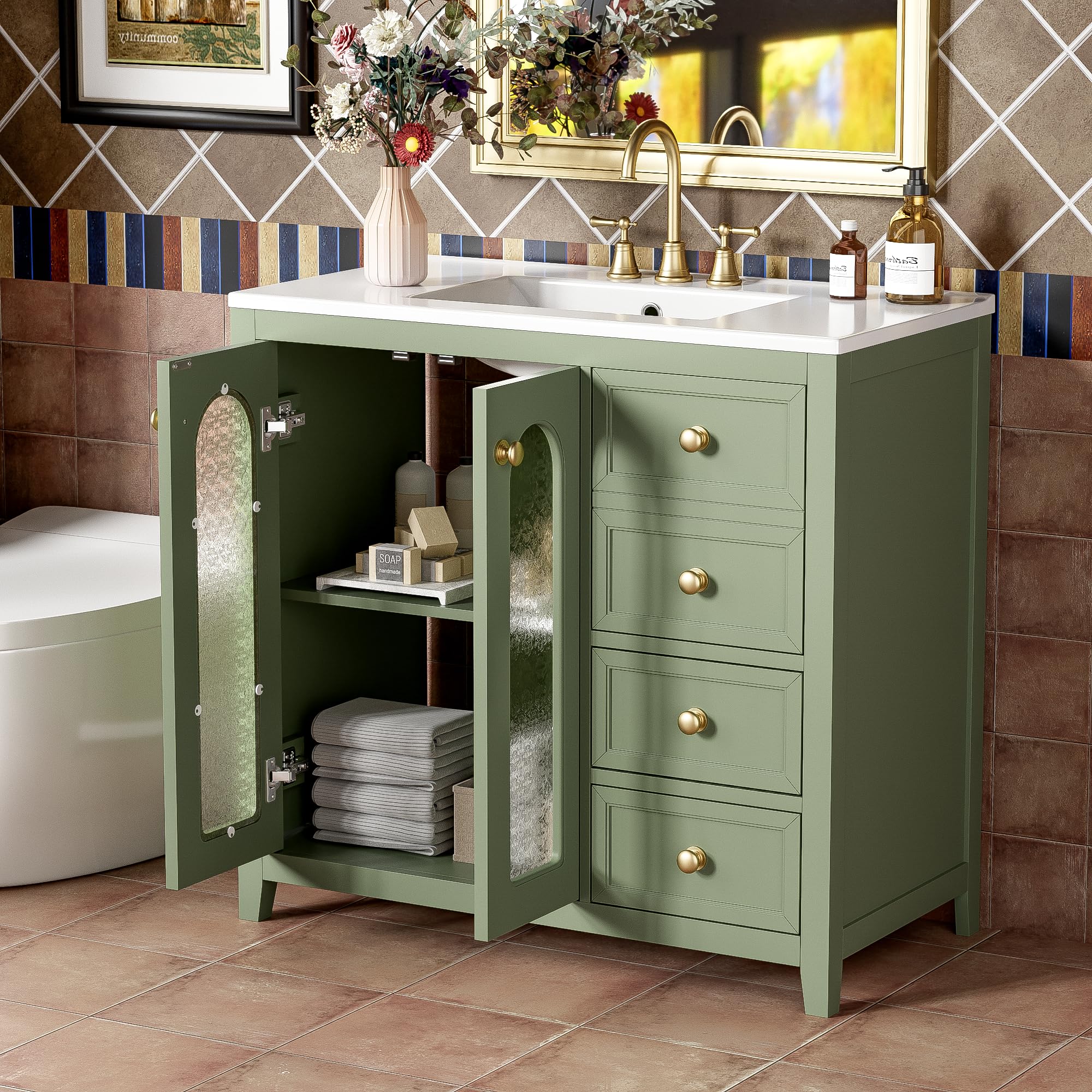 Linique 36" Bathroom Vanity with Ceramic Sink Set, 2 Classic Soft-Close Glass Door, Retro Bathroom Storage Cabinet with 3 Drawers, Adjustable Shelf,
