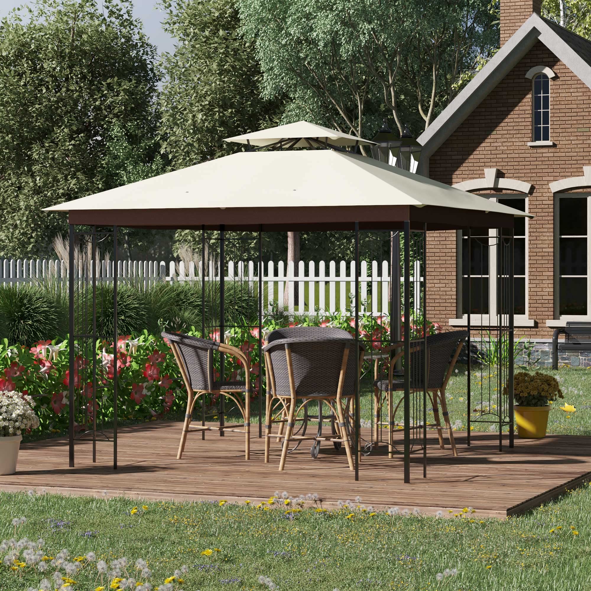 Outsunny Cenador de Jardín 3x3 m Pabellón Doble Techo Ventilación Beige | para Exterior, Marco de Acero Anti-UV, para Fiestas, Eventos, Patio al Aire Libre