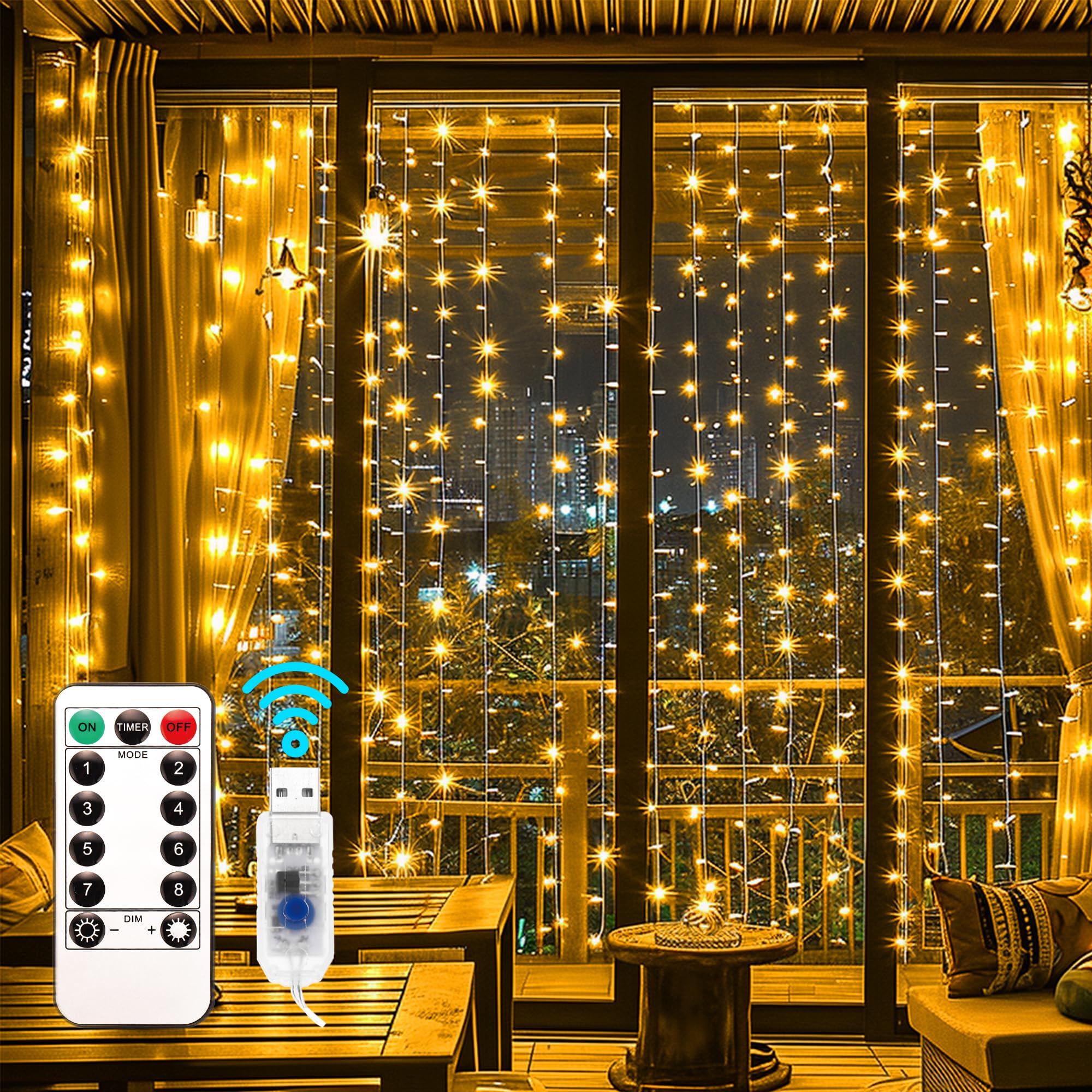 Lichtervorhang 2x2M, 200LED Lichterkette mit USB, 8 Modi Fernbedienung