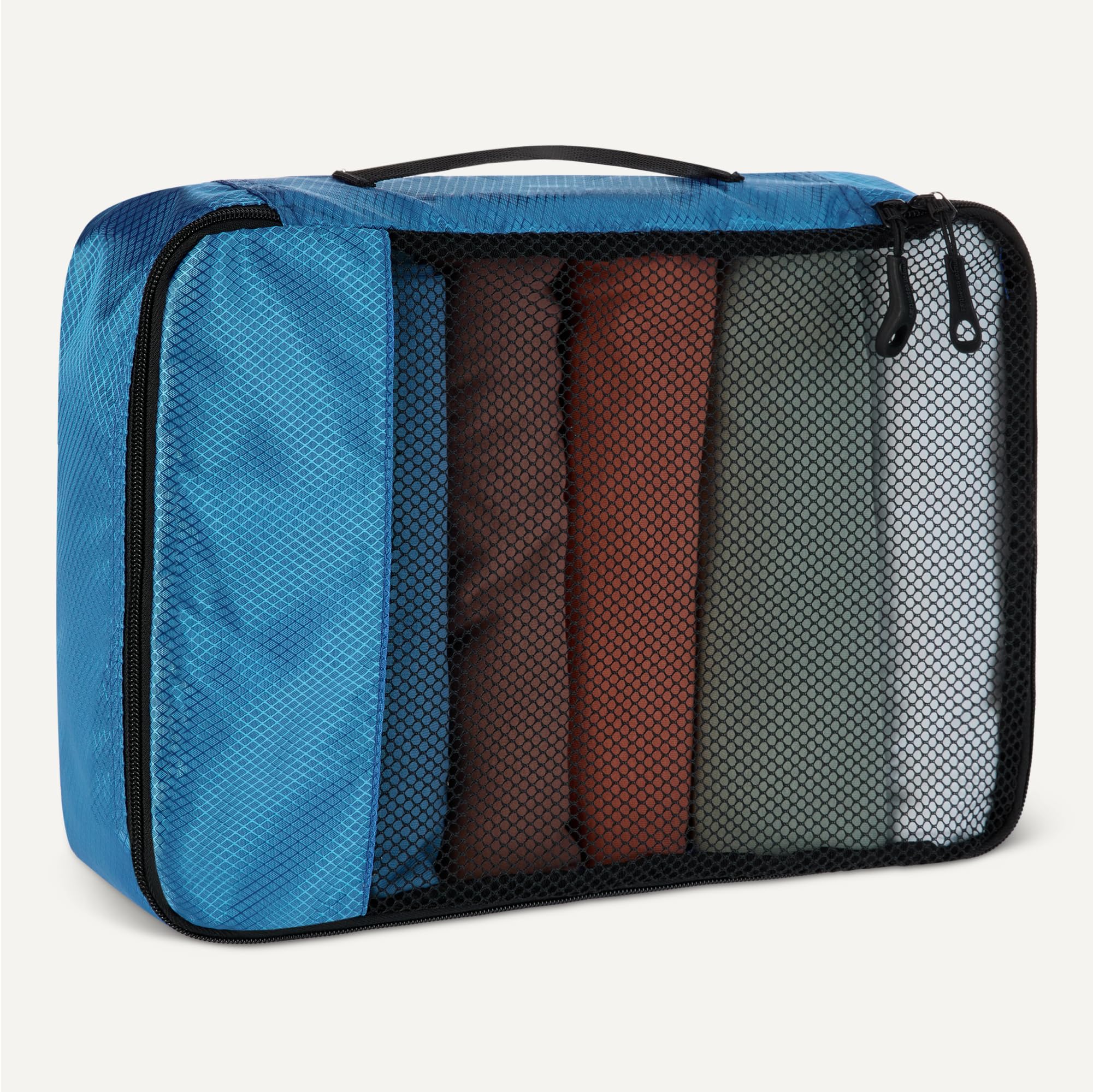 Amazon Essentials 4 Cz. Zestaw Akcesoriów Podróżnych do Pakowania, Organizer na Bagaż z Podwójnym Zamkiem, Klapa Górna z Siatki, 100% Poliester, Mały/Śr./Duży/Slim, Błękitny (Wcześniej Amazon Basics)