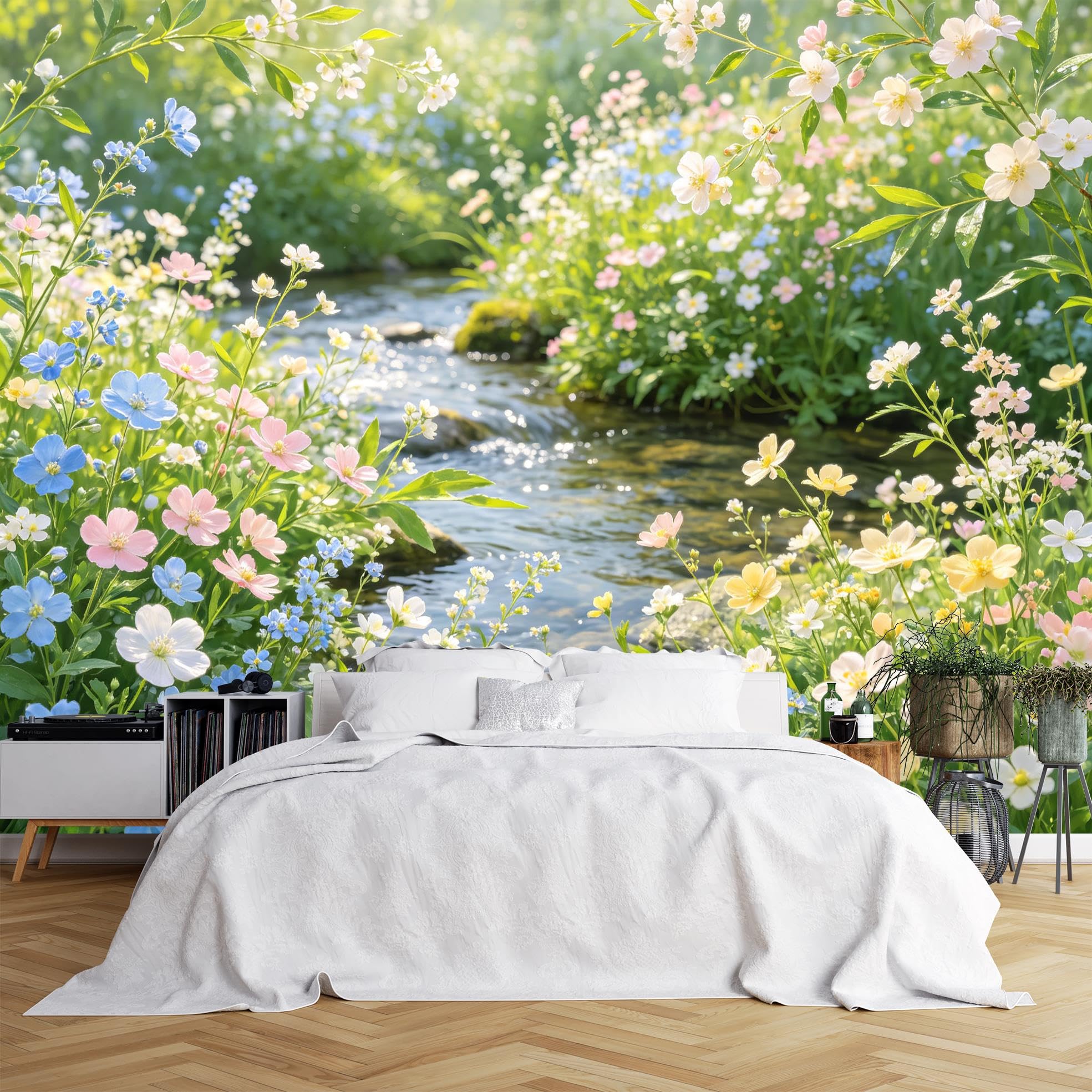 Landscape Wall Mural Wallpaper, Wildflower Stream Self Adhesive Wallpaper 140X100Cm(Wxh) Vinyl Waterproof Removable Peel And Stick Wall Covering For Bedroom Living Room Home Decor Wildflower Stream 1