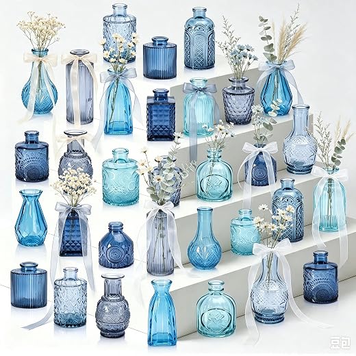 32 PCS Assorted Vintage Bud Vases, Colorful Glass Small Vases Bulk, for Centerpicecs, Wedding Table Decor, Home Decorations & Gifts (Blue Seiris)