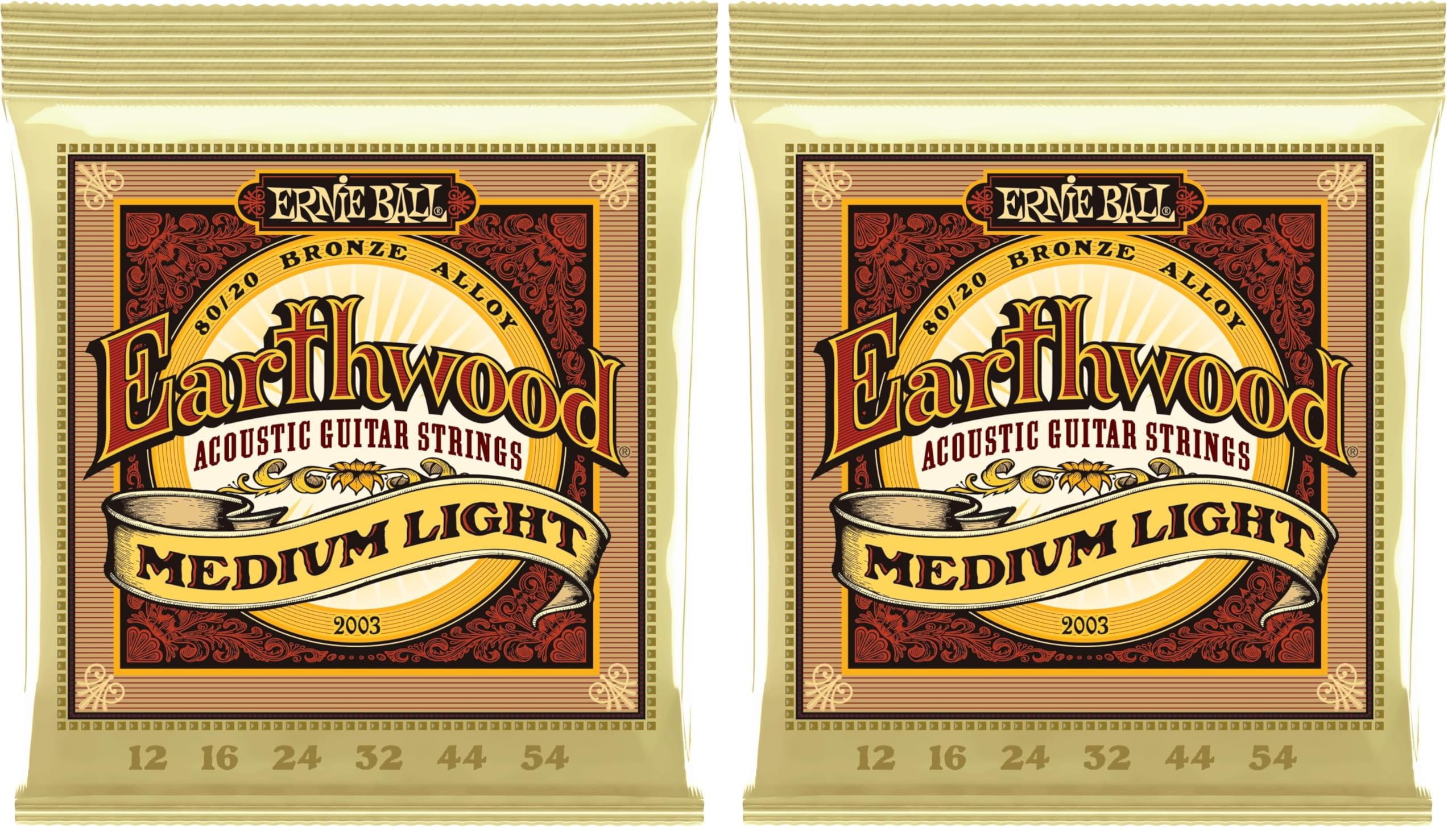 Ernie Ball Earthwood Medium Light 80/20 Bronze Acoustic Guitar Strings, 12-54 Gauge (P02003) (Pack of 2)