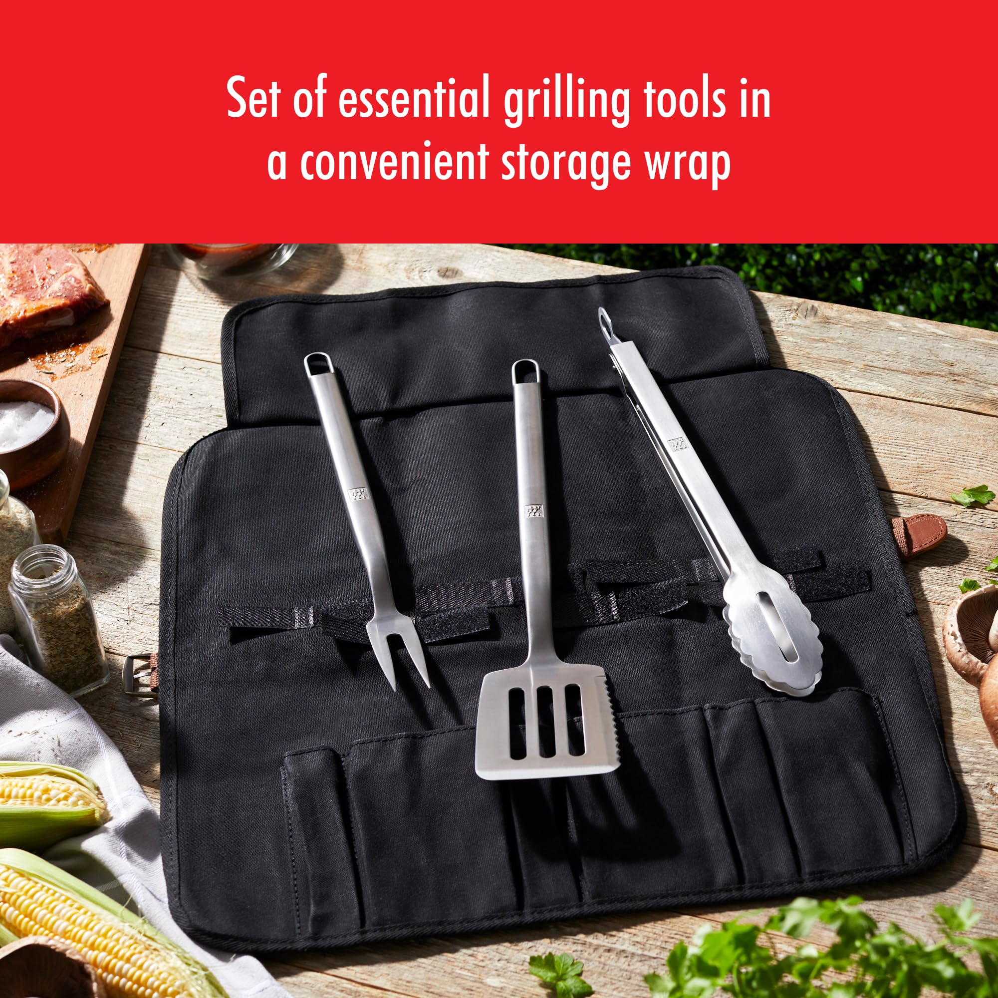 ZWILLING BBQ+ 4-teiliges Grillbesteck – Grillzubehör – Geschenkbox mit Grillwender, Grillzange, Gabel und Kochwerkzeug-Etui – aus Stahl