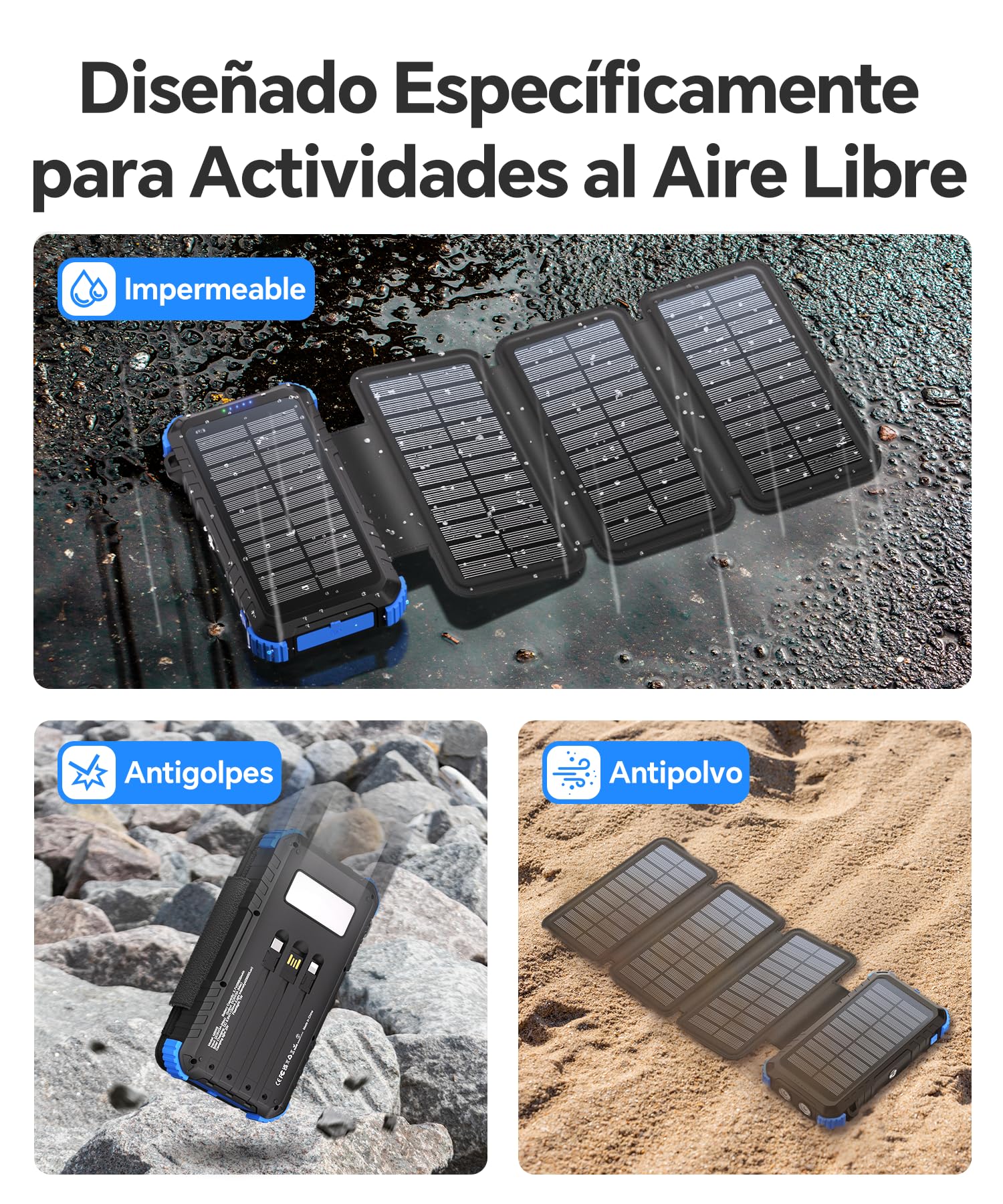 Cargador Solar de 20000mAh con 4 Paneles Solares, USB C 15 W Carga Rápida, 5 Salidas y 3 Cables, Power Bank Solar para Exteriores con Mosquetón y Linternas para Camping, Teléfonos y Tabletas