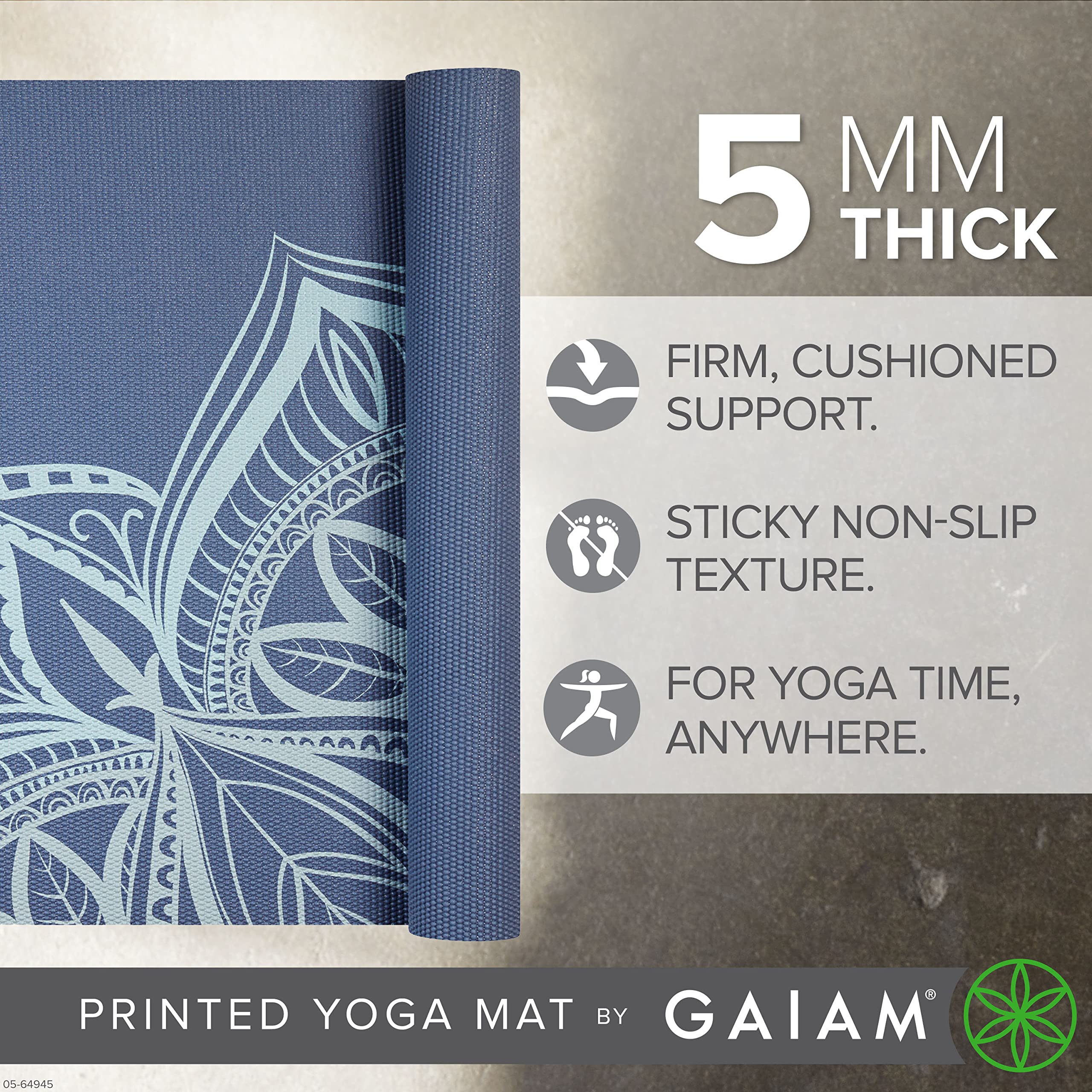 Gaiam Tappetino da yoga, per esercizi e fitness, antiscivolo, di alta qualità, con stampa, spessore 5 mm, adatto a tutti i tipi di yoga, pilates ed esercizi a terra (172 x 61 x 5 mm)