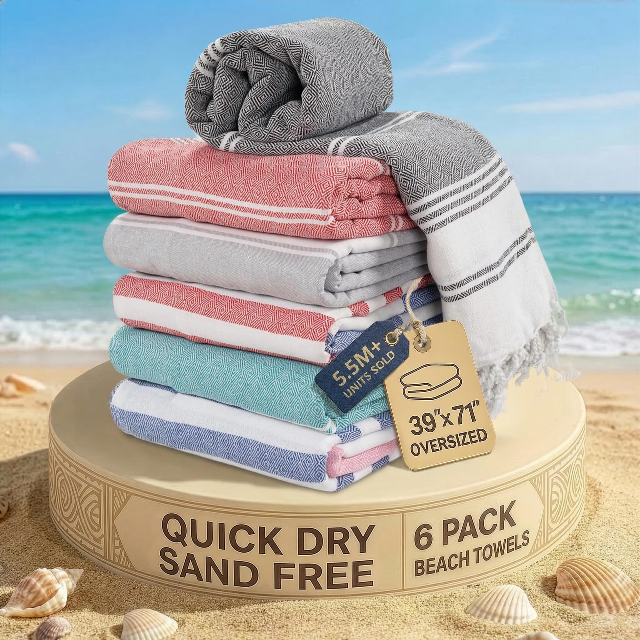 LANE LINEN Pool Towels, Turkish Beach Towels Oversized Set of 6, Cotton Rich Pre-Washed, No Shrink, Quick Dry Travel Towel, Stylish Beach Towel For Women, Absorbent & Sand Free towel, 39"x71" - Grey