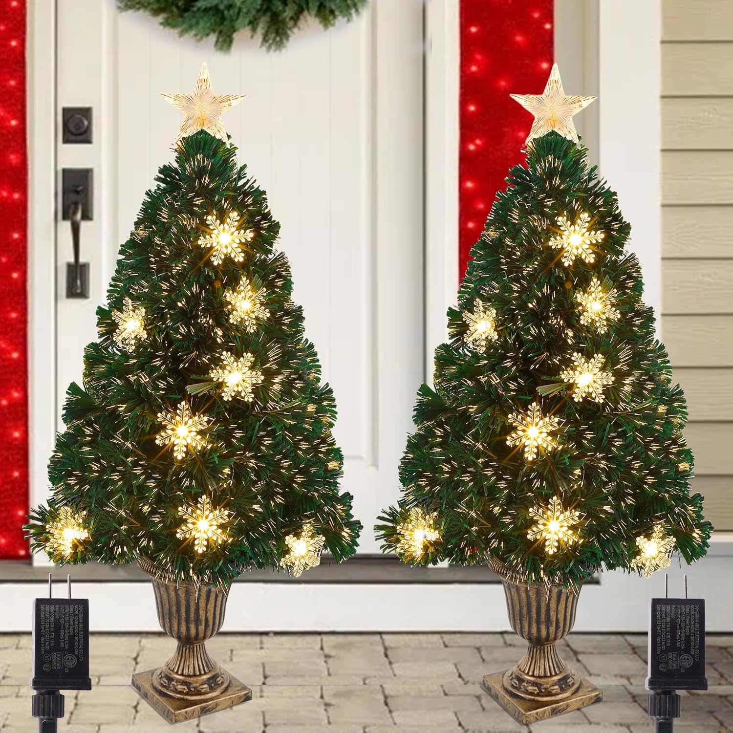 Juegoal 2 Pack Pre-Lit Artificial Christmas Trees, 3 FT Lighted Green Optical Fiber Entrance Tree in Gold Urn Base, 8 Lighting Modes, 110 Branch Tips for Front Door Porch Festive Holiday Home