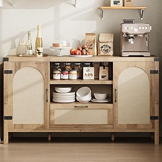 GarveeHome 59 in Rattan Sideboard Buffet Cabinet with Storage, Farmhouse Kitchen Buffet Cabinet with Drawer, Boho Wooden Coffee Bar with Open Shelves, for Dining Room, Living Room, Natural