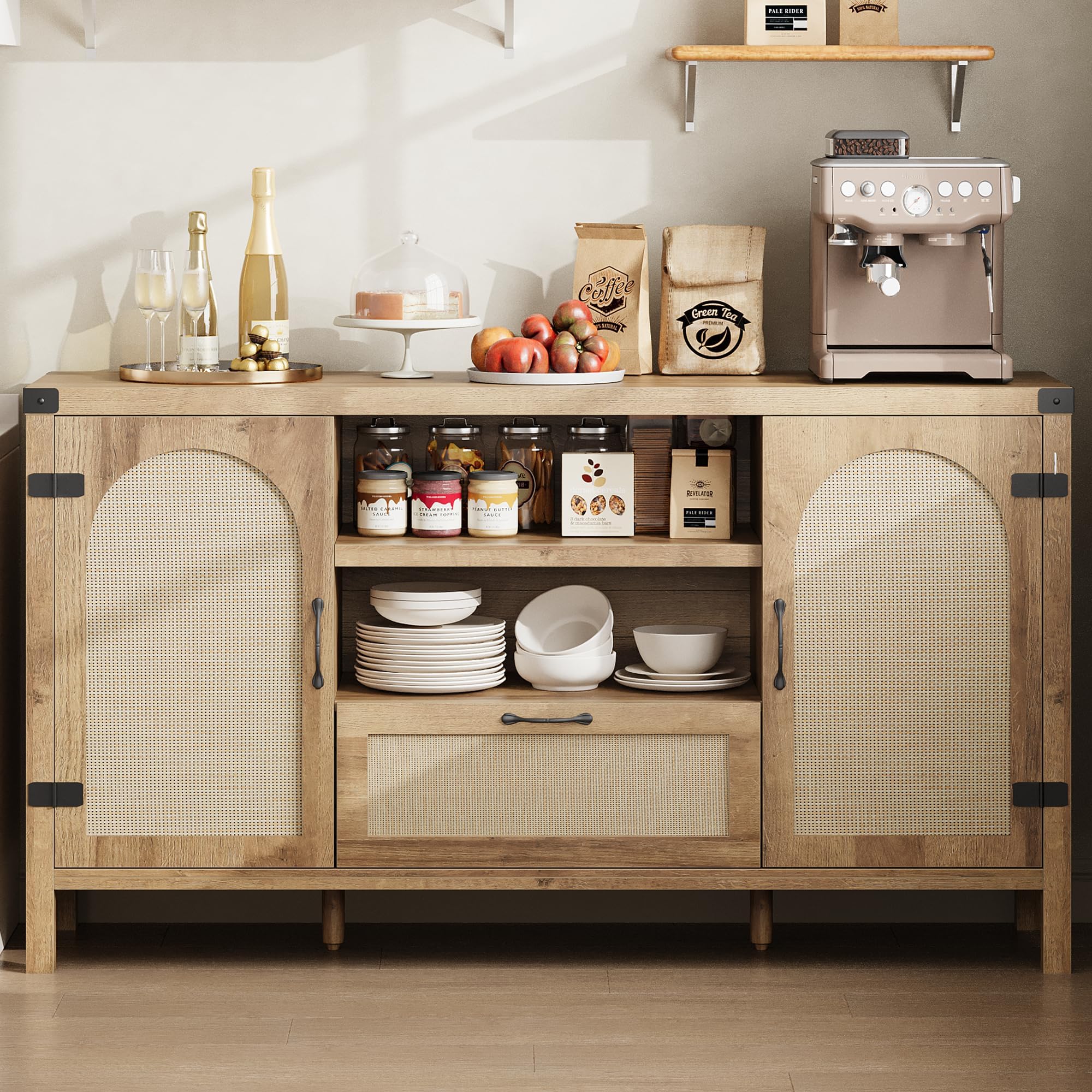 GarveeHome 59 in Rattan Sideboard Buffet Cabinet with Storage, Farmhouse Kitchen Buffet Cabinet with Drawer, Boho Wooden Coffee Bar with Open Shelves, for Dining Room, Living Room, Natural