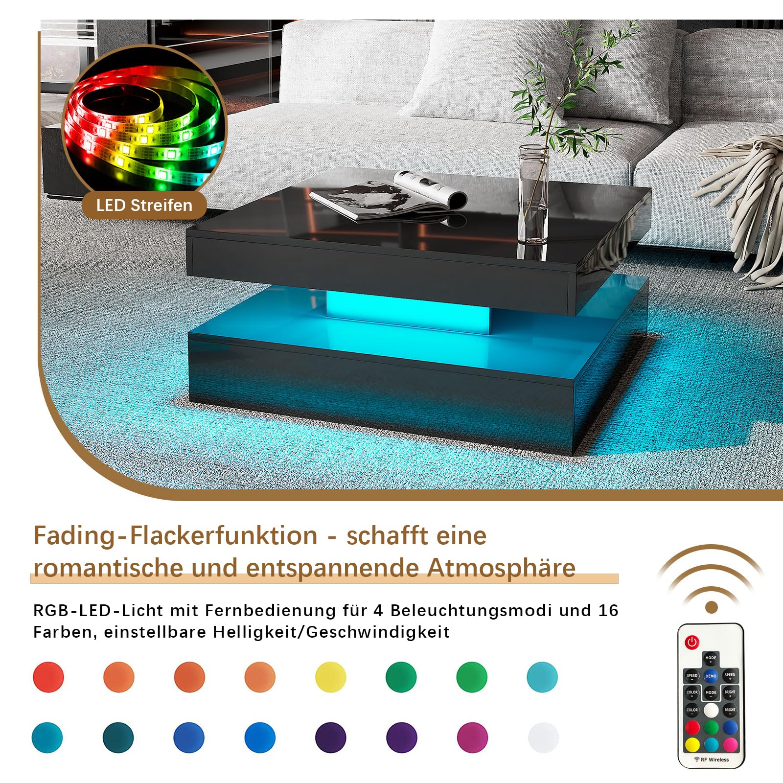 KEEPREAPER Couchtisch Wohnzimmertisch, Sofatisch mit LED Beleuchtung modern für Wohnzimmer, 78 x 78 x 40 cm (Schwarz)