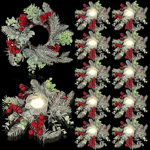Miniatura 1 de Anillos de vela de Navidad, decoración de coronas, bayas rojas artificiales, agujas de pino nevado, coronas colgantes, guirnalda colgante para