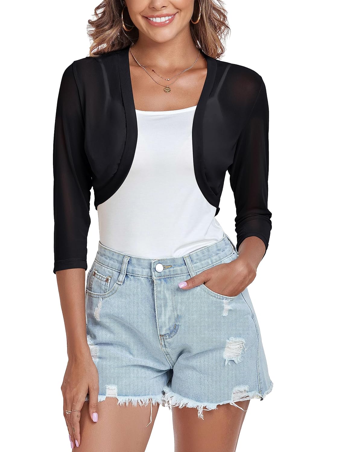 Tandisk Womens 3 4 Sleeve Shrug Open Front Cardigan Bolero Jacket