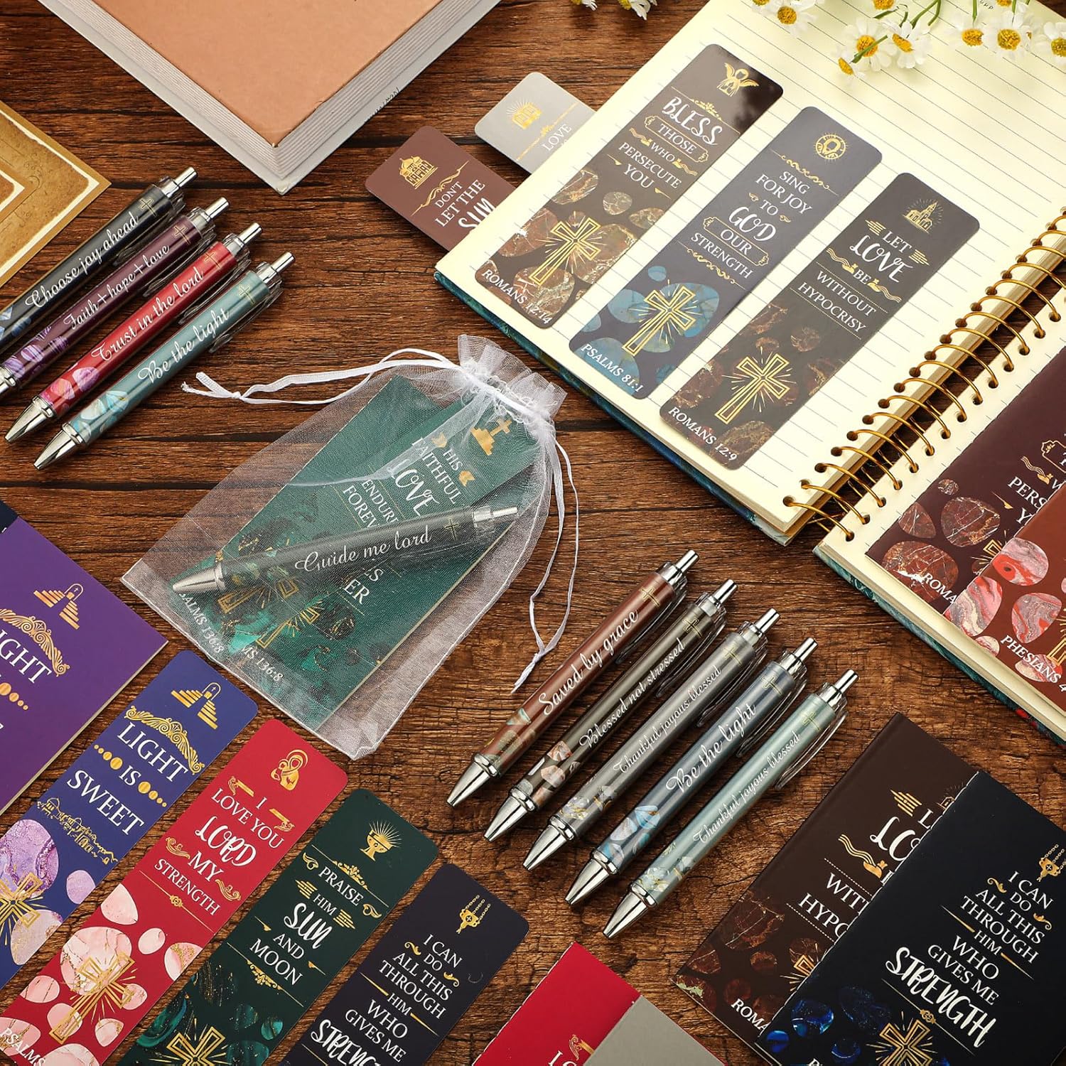 Yeaqee 200 Pcs Bible Verse Christian Church Gift Bulk for Women Mother's Day Church Favors Sunday School Study Supplies Include 50 Bookmarks 50 Ballpoint Pens 50 Notebooks 50 Organza Bags(Stylish)