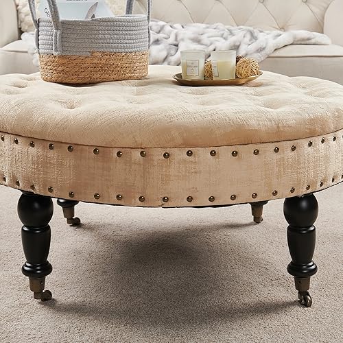 Miniatura 7 de Warmaxx Mesa de centro otomana redonda copetuda beige de 34 x 34 x 17 pulgadas de alto, otomana grande y resistente de terciopelo texturizado para