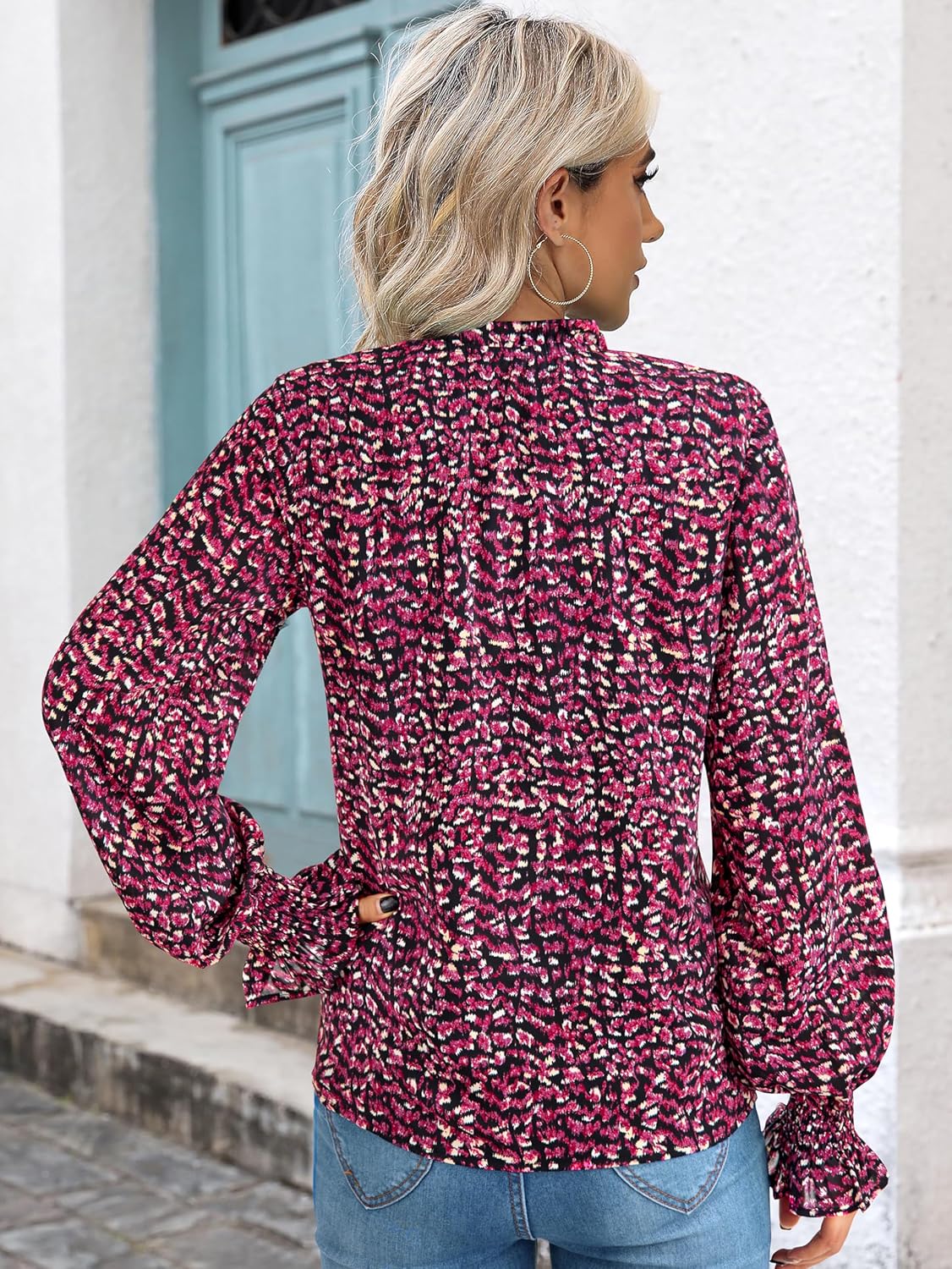 MASCOMODA Womens V Neck Floral Long Sleeve Tops 2026 Summer Casual Loose Puff Sleeve Chiffon Boho Work Blouse Dressy T Shirts - Image 5