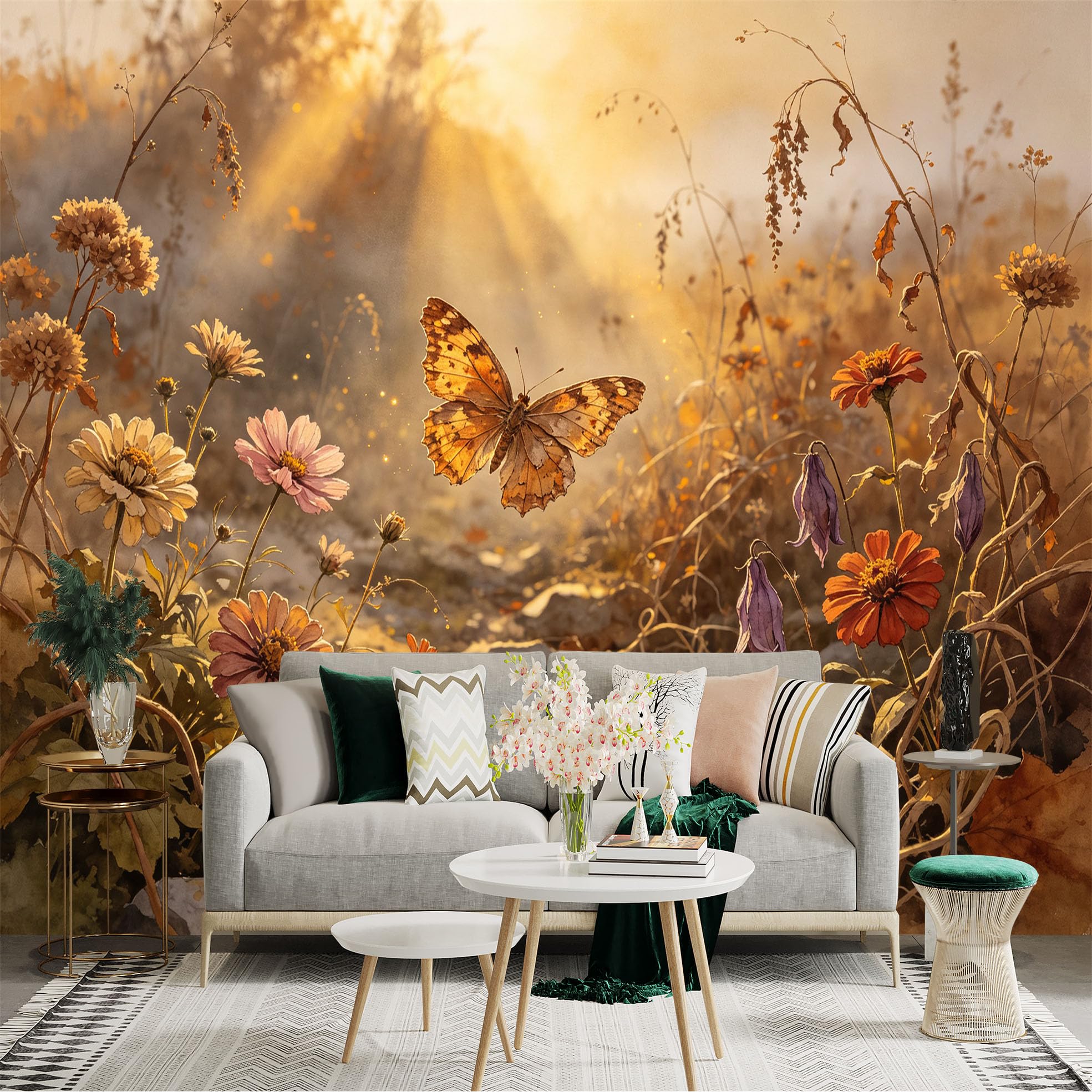 Lnzczhyre Bh260719433 Custom Size Wall Sticker Mural， Butterfly In Autumn Meadow， Wildflowers And Sunbeams， For Wall Decoration， Peelandstick Wall Decals.