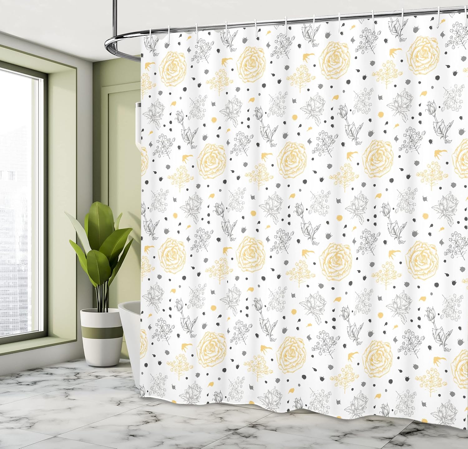 Ambesonne Grey and Yellow Shower Curtain, Grunge Sketchy Romantic Roses Leaves Cotton Flowers with Dots Image, Cloth Fabric Bathroom Decor Set with Hooks, 69" W x 70" L, Yellow Grey White