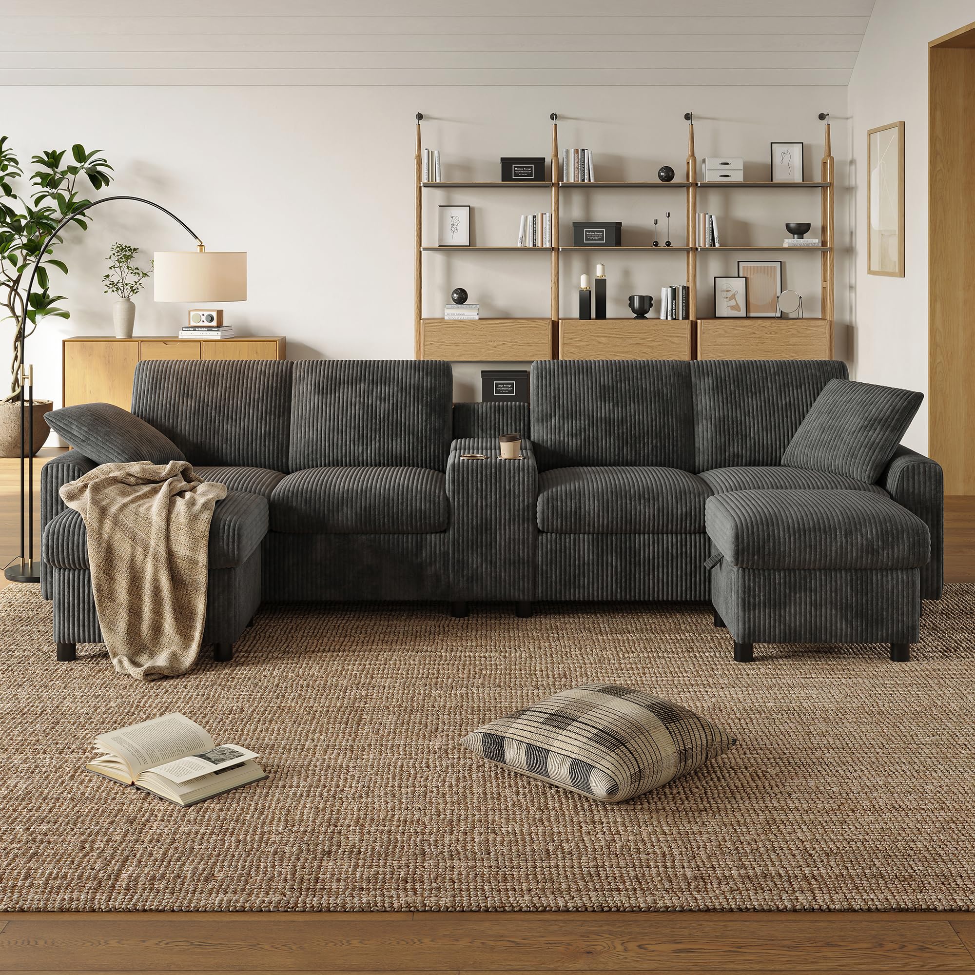 Sofá Convertible de 4 plazas en forma de U con USB C y 2 portavasos, sofá esquinero convertible de pana con 2 reposapiés de almacenamiento y 2 cojines, sofá modular en el salón Appt, gris