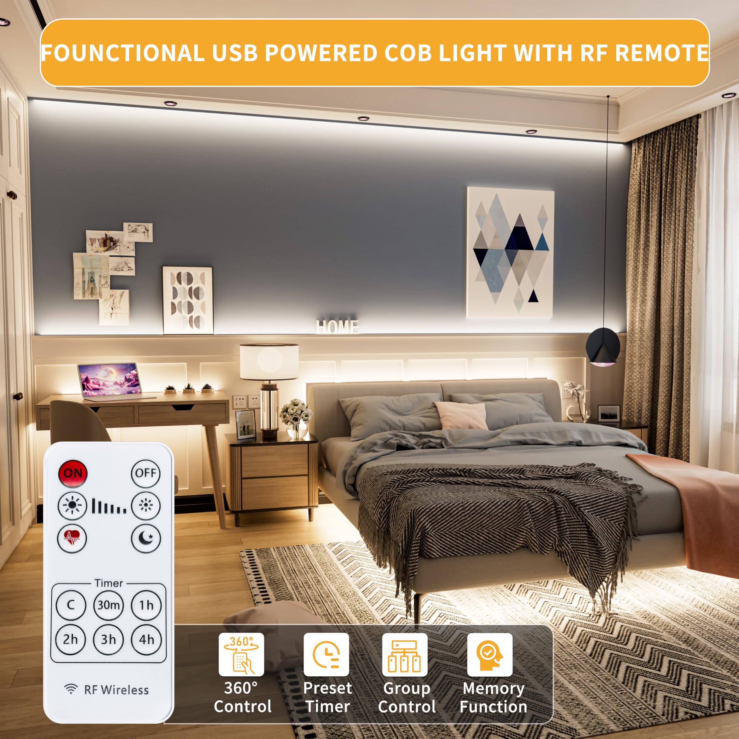 PAUTIX USB COB LED Strip Light 2M, 5V 640LEDs Natural White 4000K with RF Remote Control - Image 3