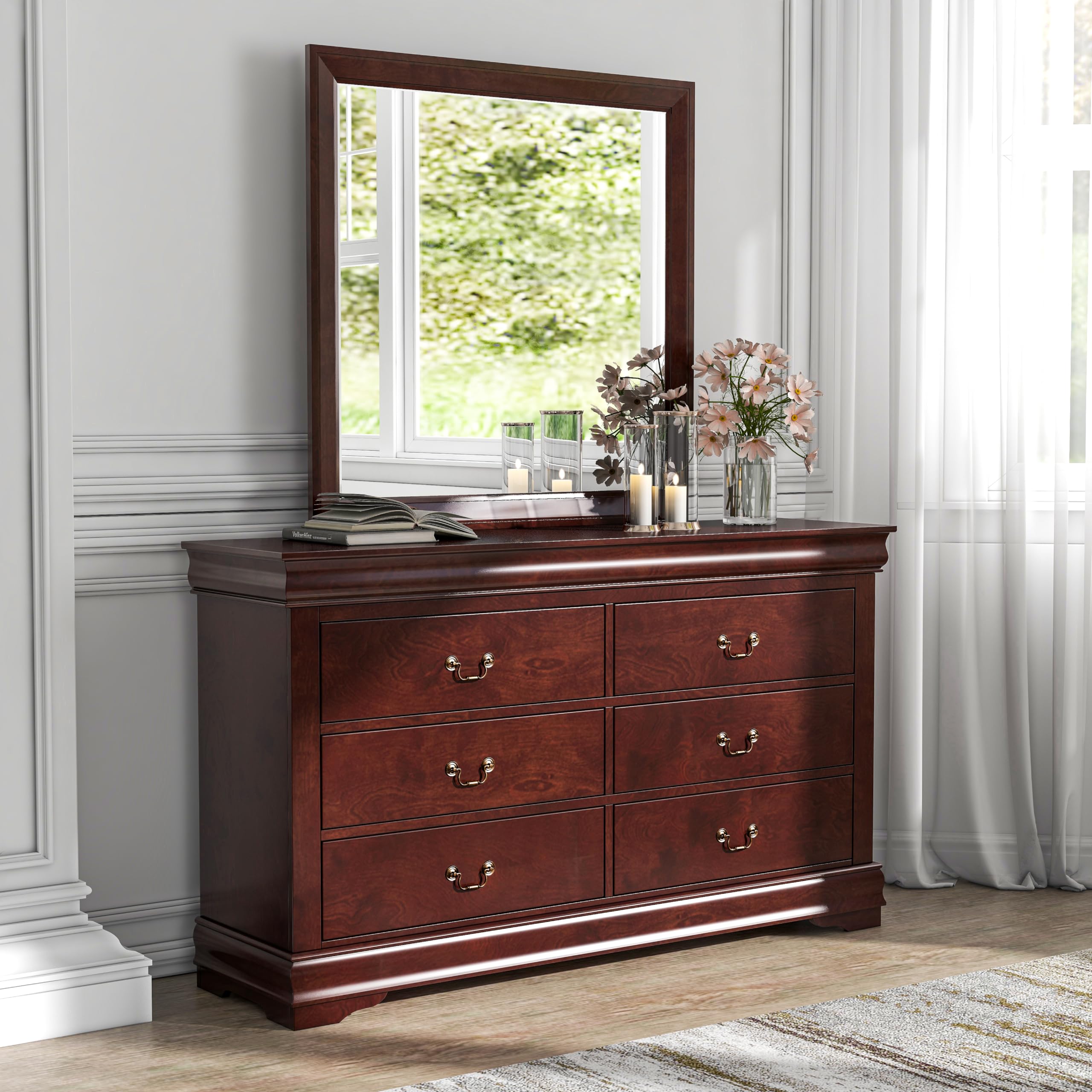 Best Antique Dresser with Mirror Picks for 2026 2 Furniture of America Louis Philippe Traditional Wooden 6 Drawer Dresser with Mir — product photo