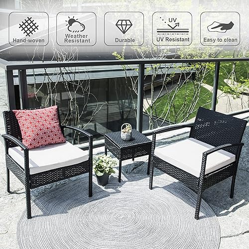 Miniatura 2 de Juego de 3 piezas de muebles de mimbre para patio, balcón, mesa y sillas de ratán para porche, patio trasero, césped, cubierta junto a la piscina,