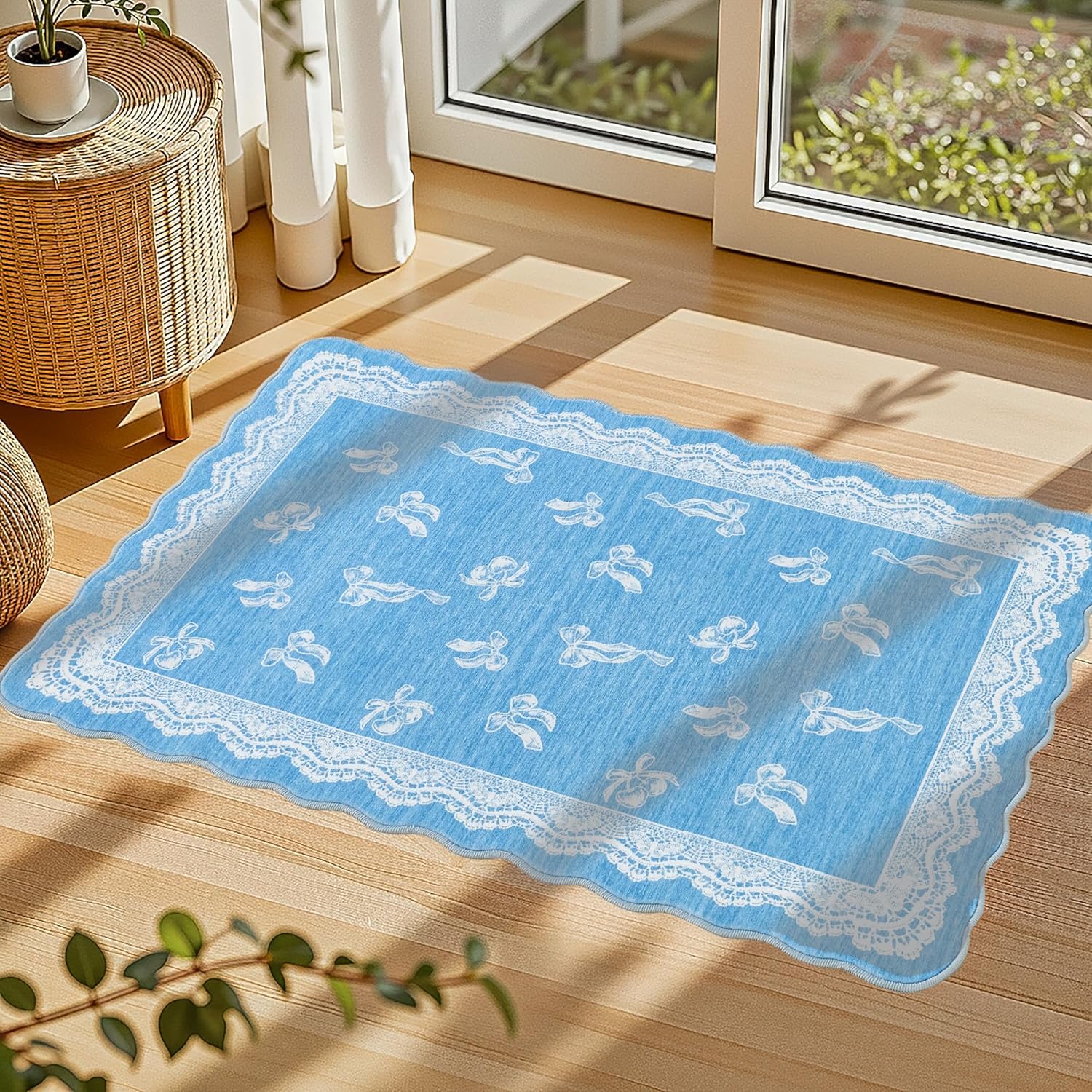 ORTIGIA Washable Scalloped Entry Rug 2x3, Non-Slip Low Pile Blue Bathroom Mat, Lace Bow Cherry Door Mat for Entryway Dorm Nursery Hallway Indoor