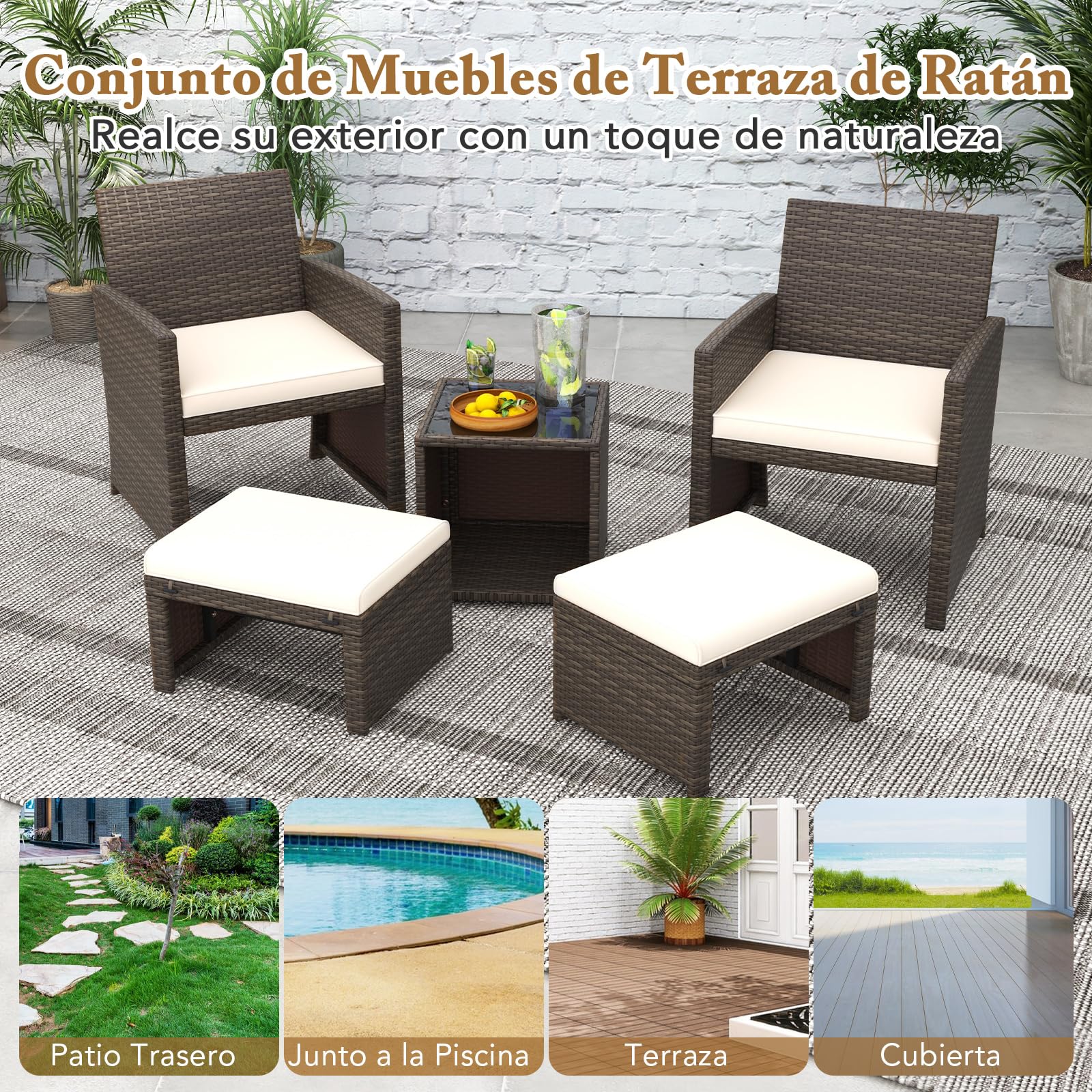 COSTWAY Conjunto de Muebles de Jardín de Ratán 5 Piezas, Set Conversación de Exterior con Silla y Otomana y Mesa Baja en Vidrio Templado, Cojines, Mesa y Sillas Terraza Jardín Patio Piscina (Blanco)