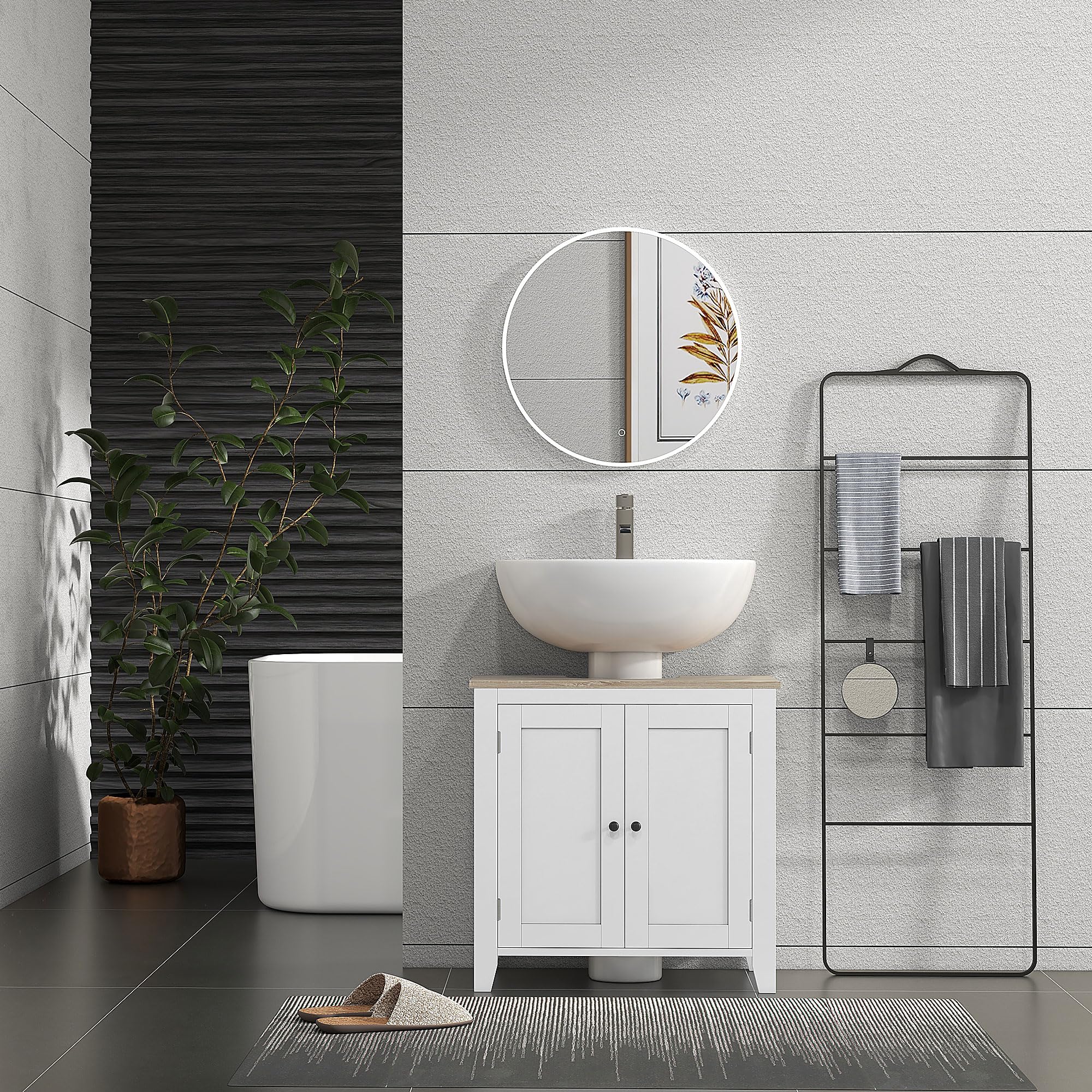 kleankin Mueble bajo Lavabo Mueble de Baño con 2 Puertas y Estante Ajustable Armario de Baño para Lavabo con o sin Pedestal Estilo Moderno 60x30x60 cm Blanco
