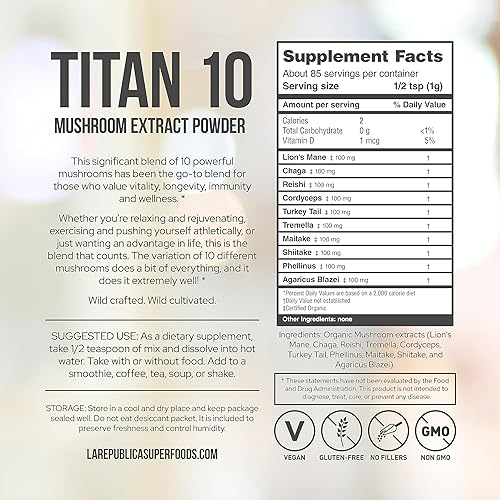 Miniatura 3 de La Republica Titan 10 - Polvo orgánico de hongos para concentración, inmunidad, energía, salud intestinal y piel (85 porciones, 3 onzas)