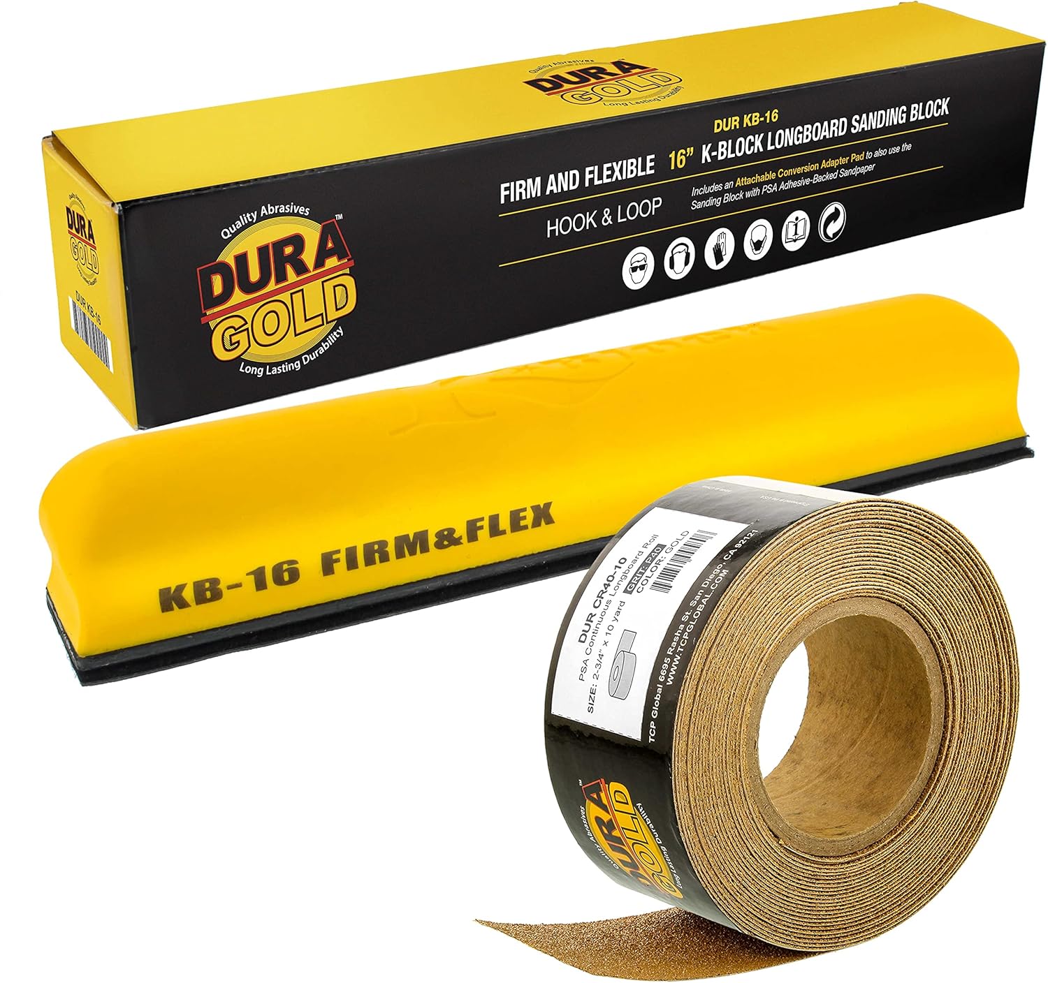 Dura-Gold Pro Series 16" K-Block Sander Firm & Flex Longboard Hand Sanding Block Pad with Hook & Loop Backing and PSA Adapter Pad & 40 Grit PSA Longboard Sandpaper 20 Yard Roll, 2-3/4" Wide