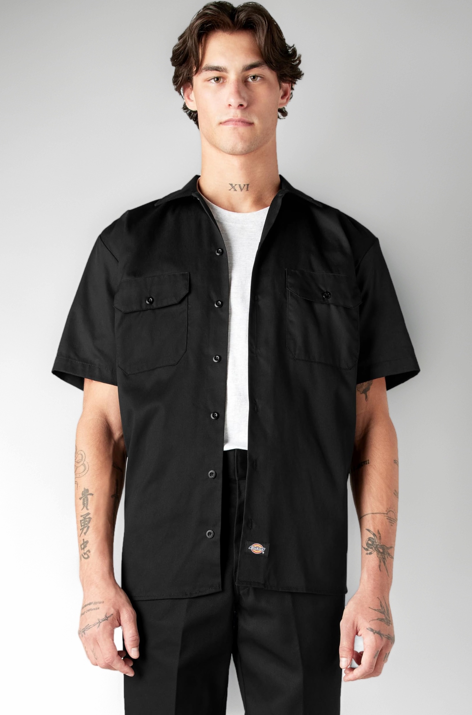 Men's Twill Short Sleeve Work Shirt – Lightweight Durable Uniform with Pockets for Warehouse, HVAC, Black, Small