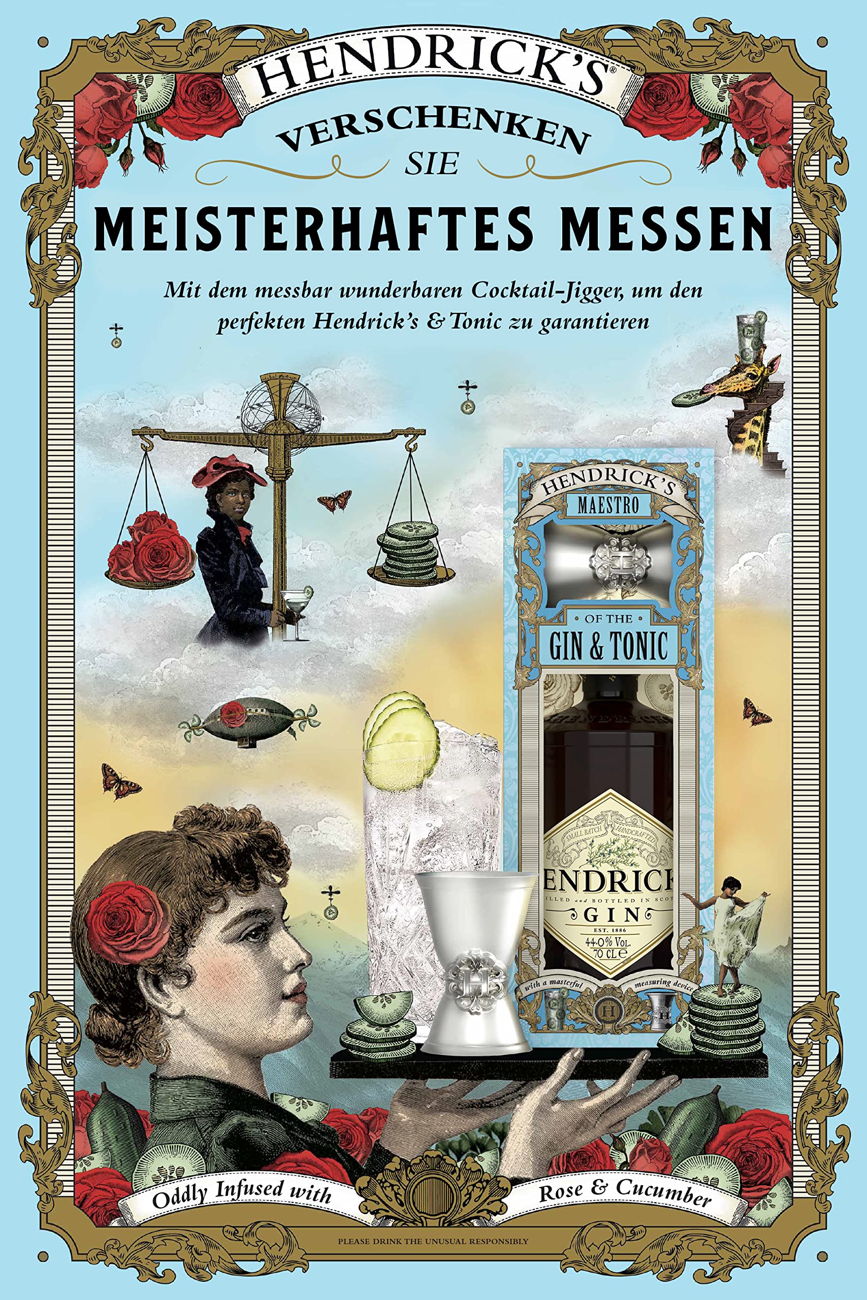 HENDRICK’S Gin Geschenkset – Frisch, floral & außergewöhnlich – mit Rosen- & Gurkenessenzen – inkl. Barmaß – perfektes Set für Gin & Tonic – 44% vol. - 0,7 l