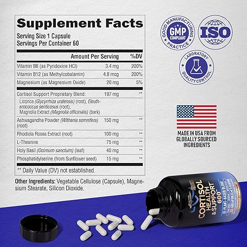 Miniatura 7 de Suplemento de cortisol para mujer, albahaca sagrada, Ashwagandha, Rhodiola, L-teanina, equilibrio hormonal a base de plantas, apoyo para el estado