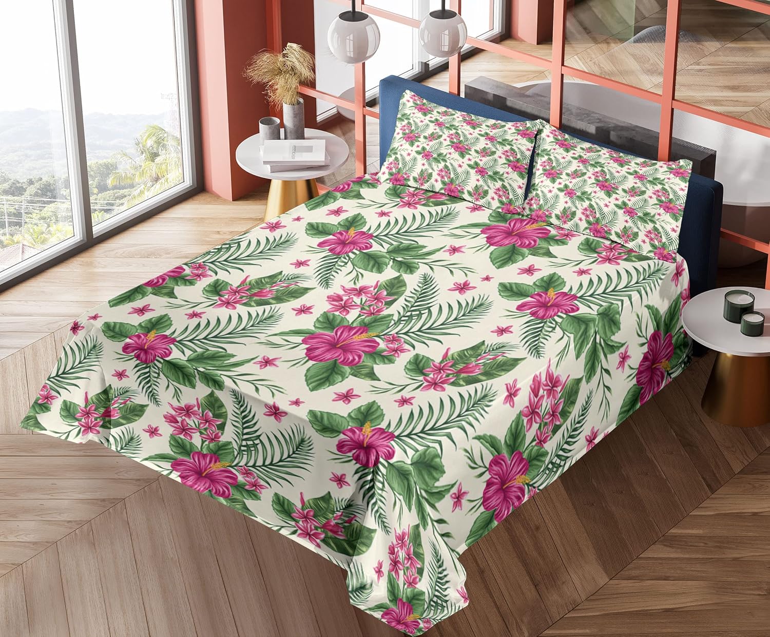 Ambesonne Watercolor Sheet Set, Plumeria and Hibiscus Flora Tropical Island Nature Aloha Hawaii Jungle, Fitted and Flat Sheet with Pillowcases Bedding Accent 4 Piece Set, Full, Magenta Cream Green