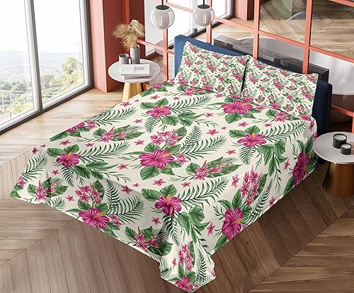 Miniatura 7 de Ambesonne Watercolor Sheet Set, Plumeria and Hibiscus Flora Tropical Island Nature Aloha Hawaii Jungle, Fitted and Flat Sheet with Pillowcase