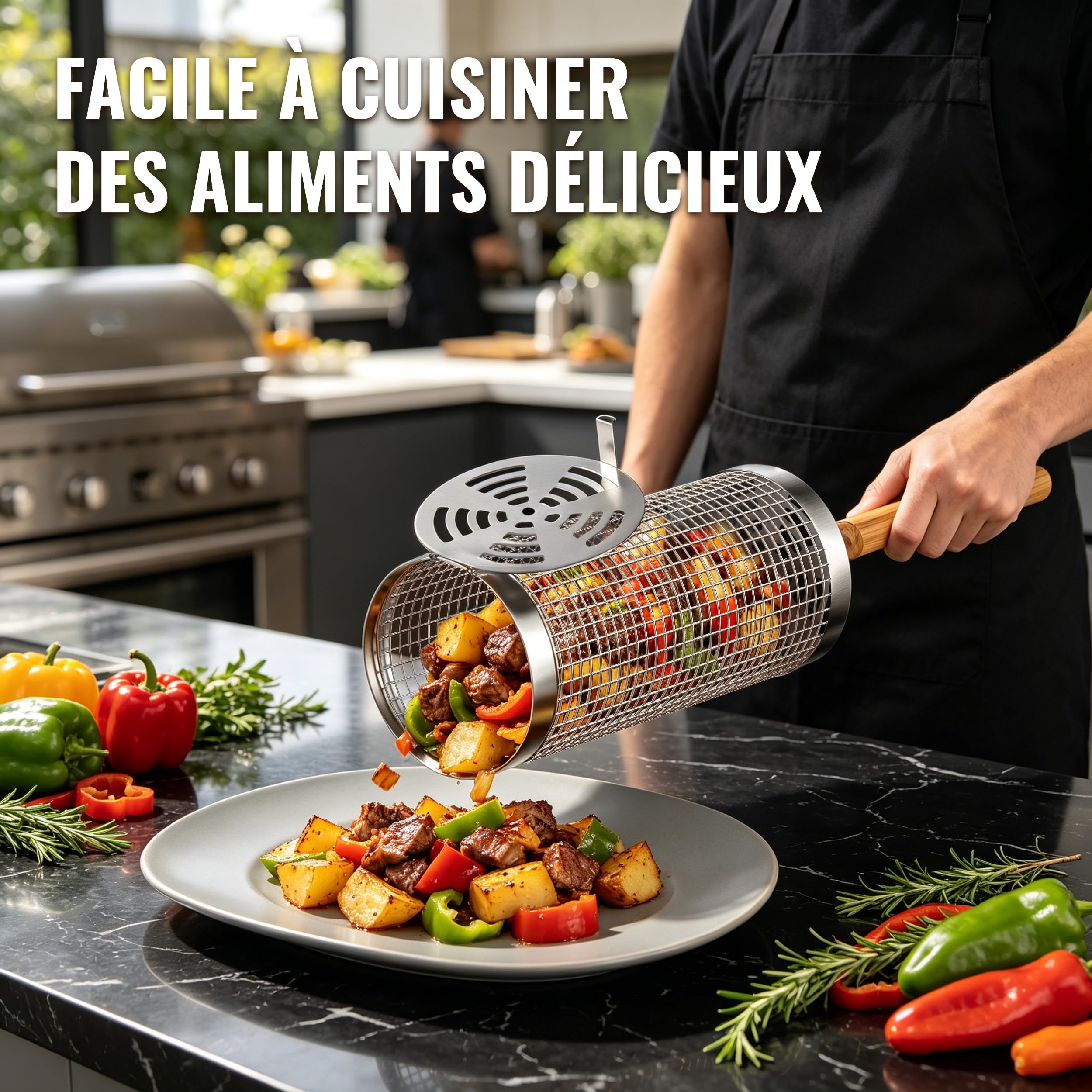 Panier à Barbecue Roulant, 2 Pièces, Acier Inoxydable 304, Poignée Bois Détachable, Accessoire Barbecue, Ustensiles de Cuisine Extérieur Camping, Cadeau Anniversaire Homme Papa Original Utile