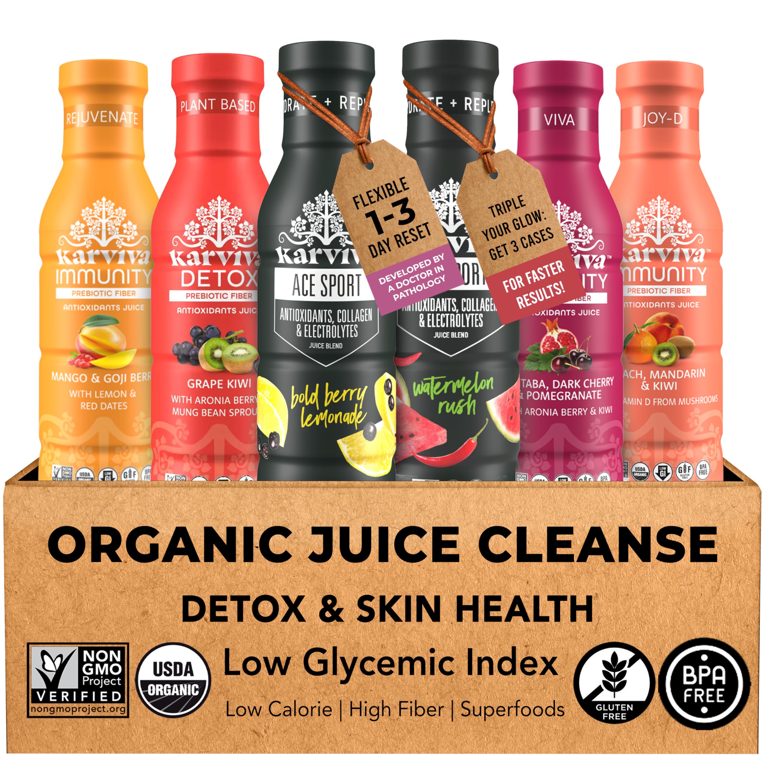 Organic Juice Cleanse for Glowing Skin, Digestive Support & Craving Control with Sprouts, Herbs & Marine Collagen – Low Sugar, Prebiotic Fiber, Antioxidants & Vitamins – 6 BPA-Free Bottles (12oz)